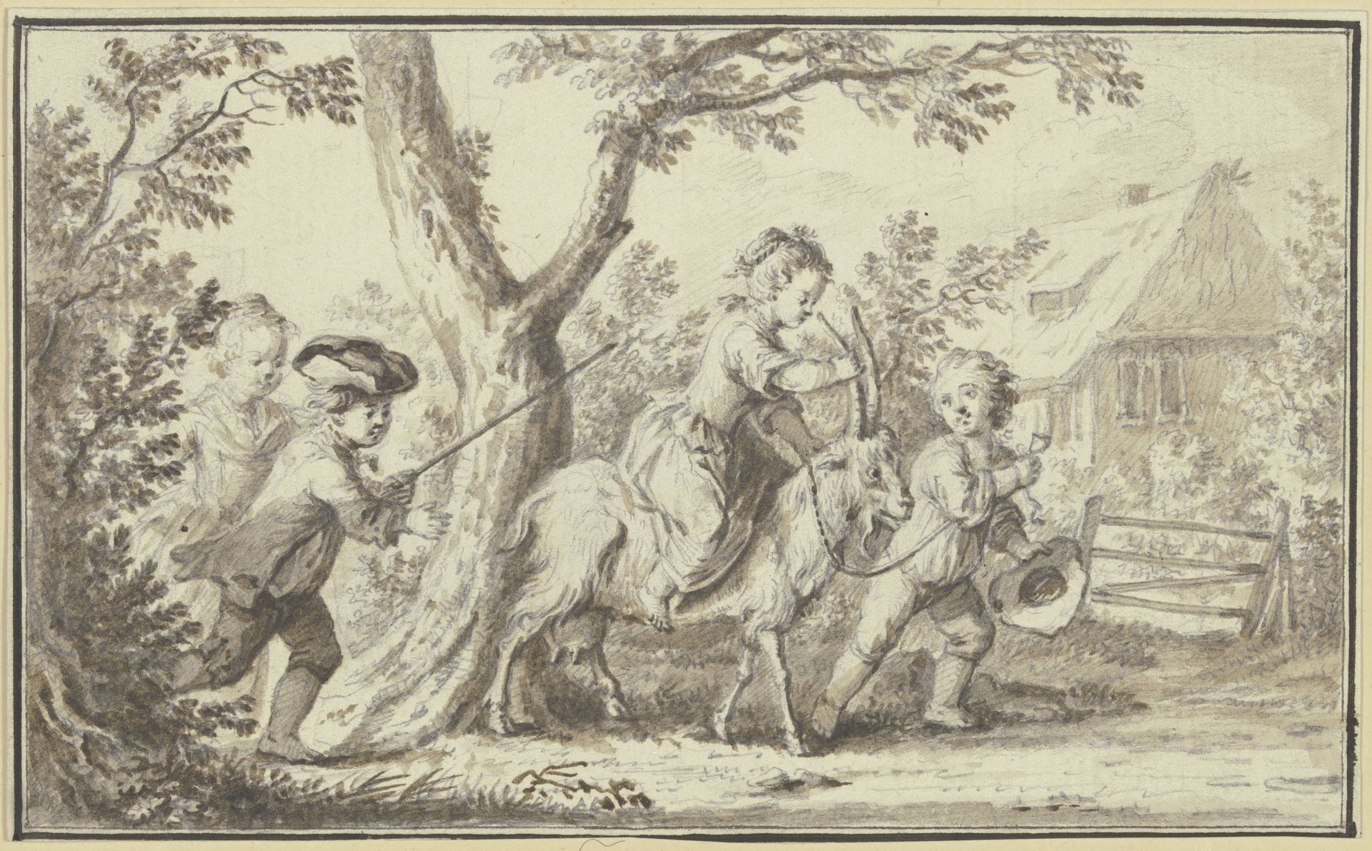Unter Bäumen vor einem Haus lassen Kinder ein Mädchen auf einer Ziege reiten by Johann Ulrich Schellenberg