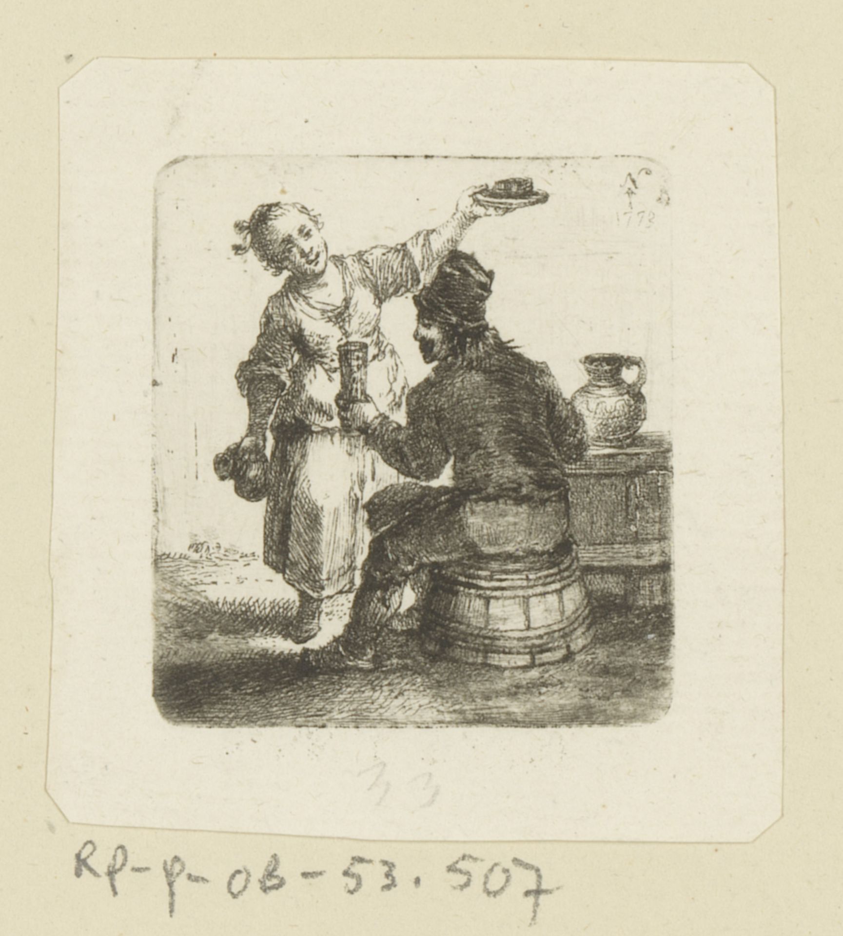 Zittende man met beker en vrouw met kruik en bord by Johann Andreas Benjamin Nothnagel