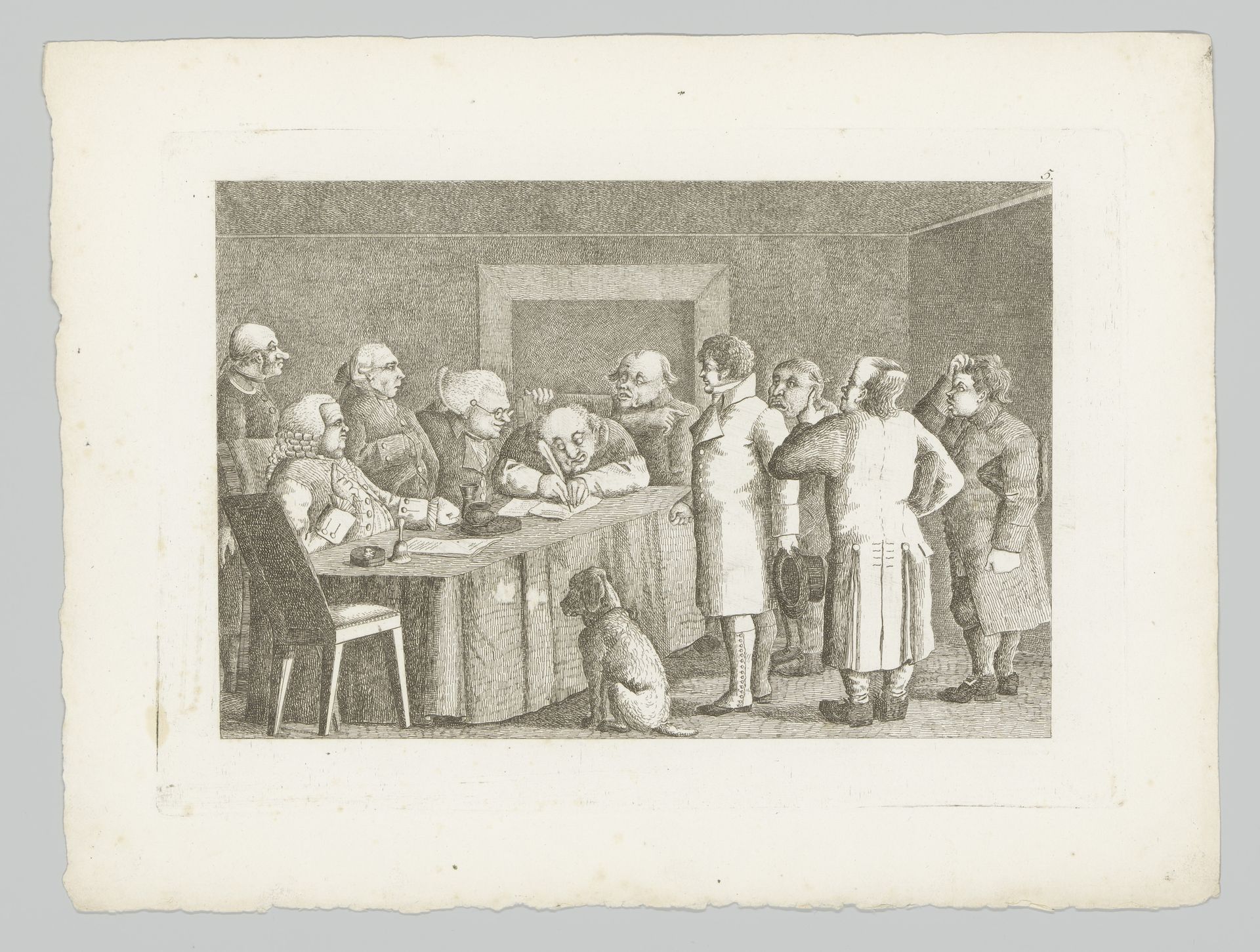 Jongeman voor een bureau met schrijvende mannen by Friedrich Rottmann