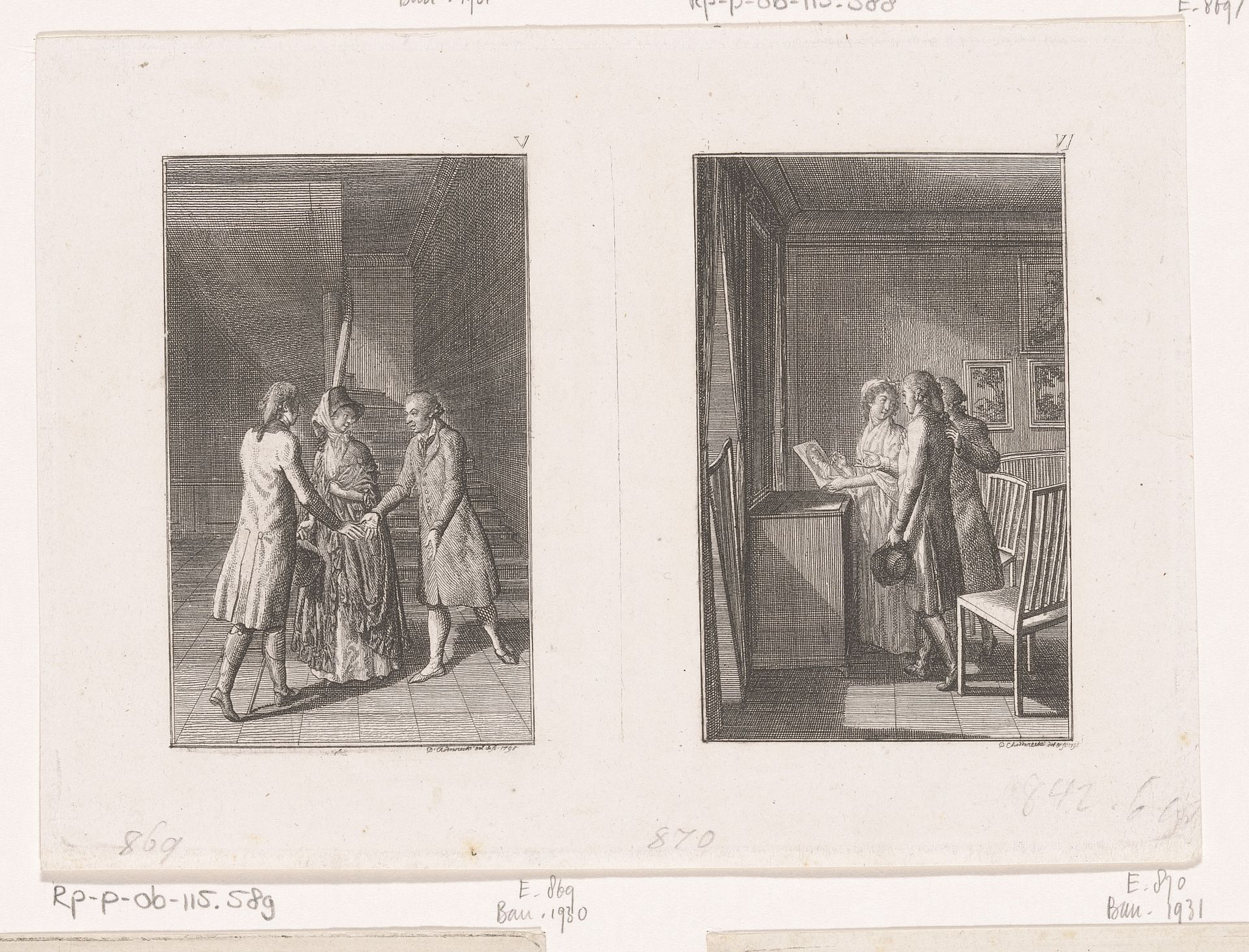 Twee voorstellingen uit de verhalen van Wilhelm Gottlieb Becker by Daniel Nikolaus Chodowiecki
