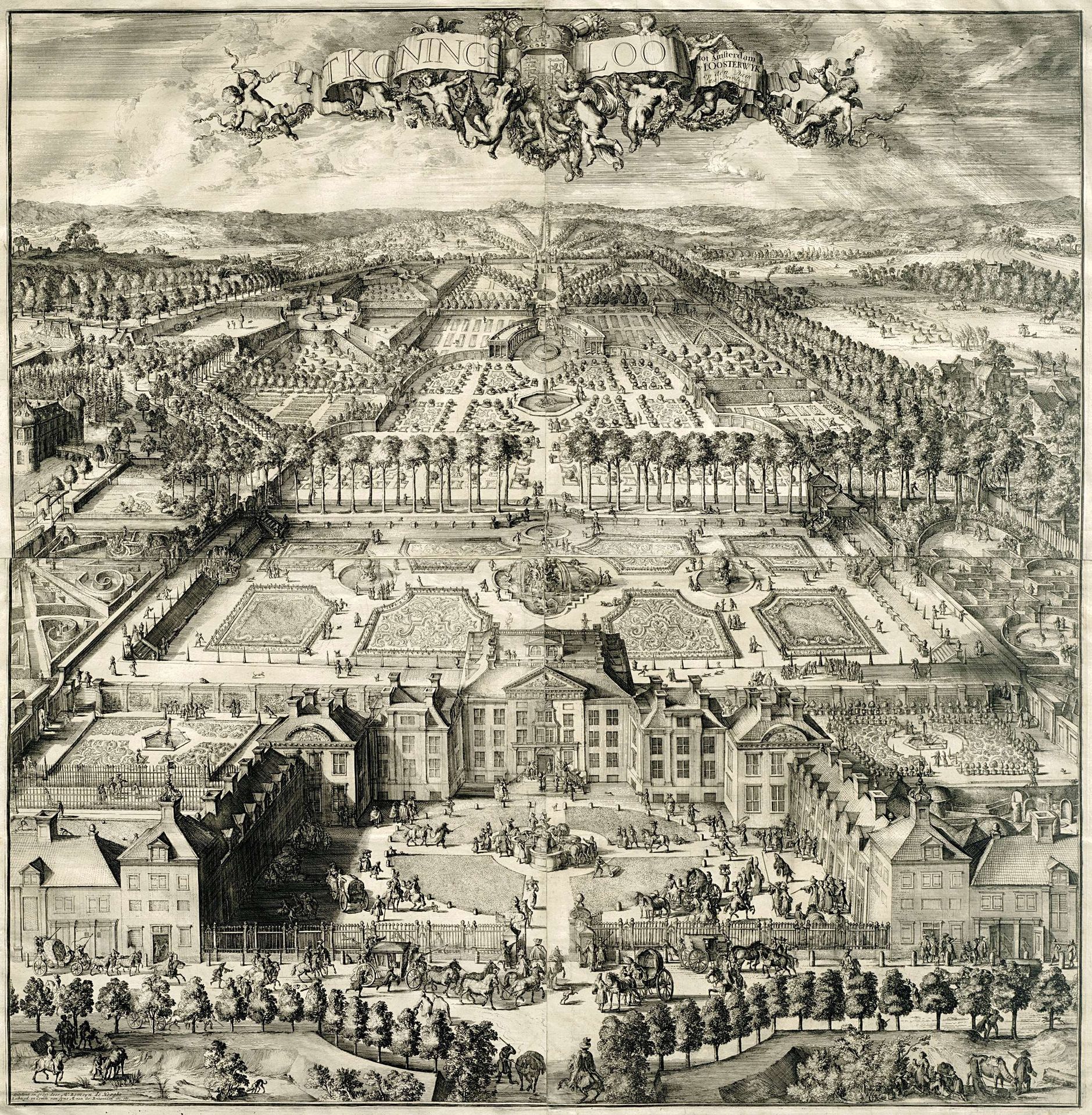 Gezicht op Paleis Het Loo (vanuit vogelvluchtperspectief) (helft?) by Romeyn de Hooghe