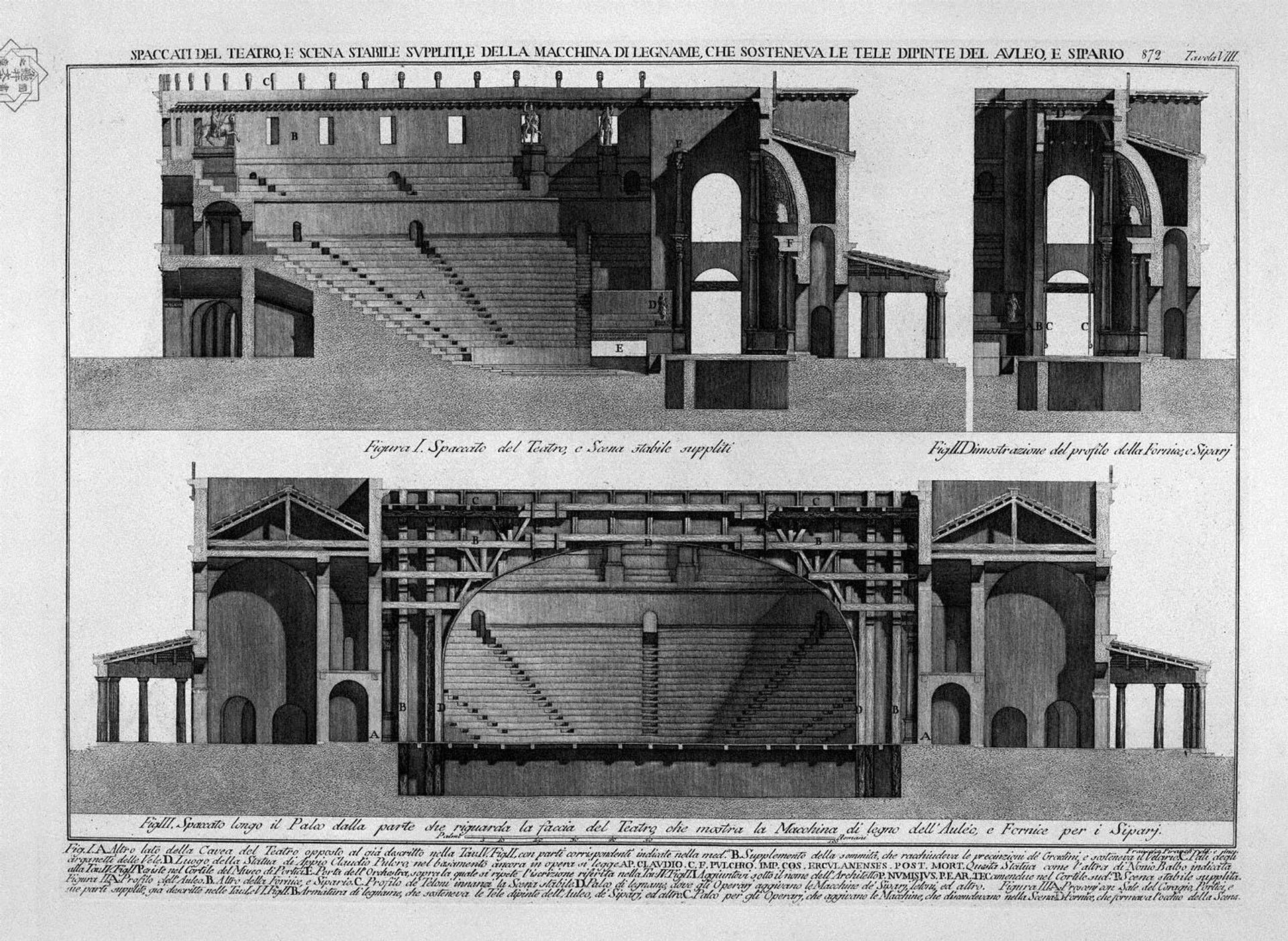 Split of the theater, and stage stable supple, and machine of wood, and painted canvases sosteneua of classrooms, and curtain by Giovanni Battista Piranesi