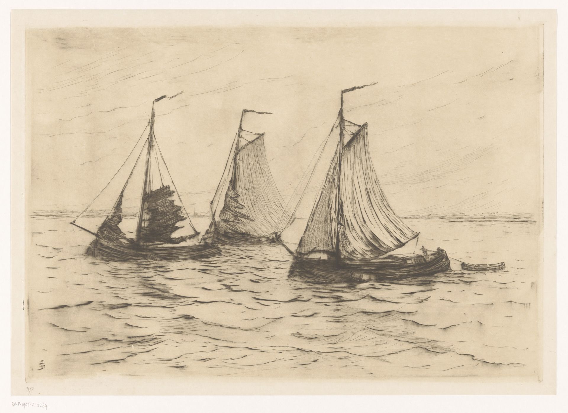 Drie zeilboten op de Maas bij Dordrecht by Carel Nicolaas Storm van 's-Gravesande