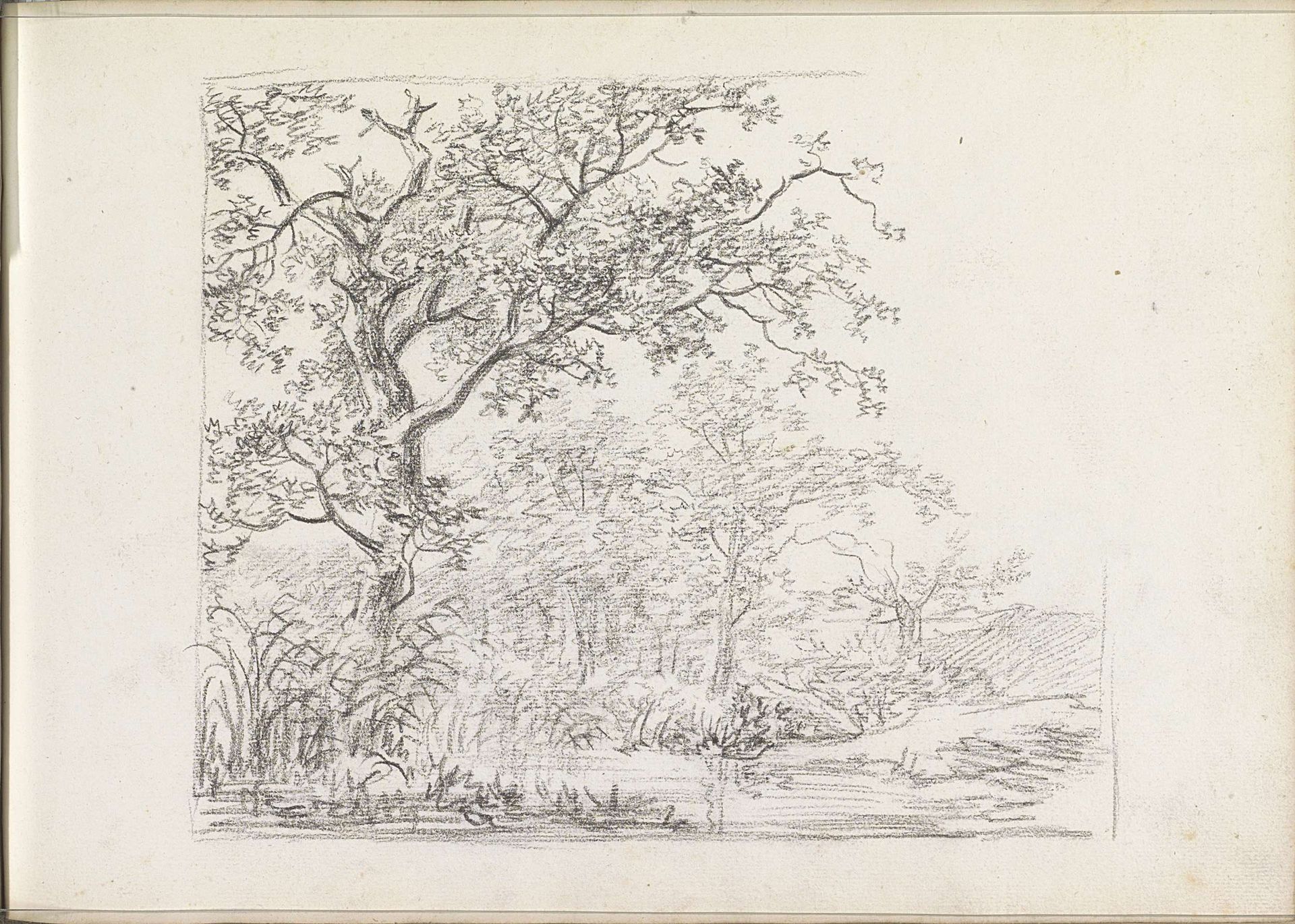 Landschap met bomen en struiken aan een waterkant by Andreas Schelfhout