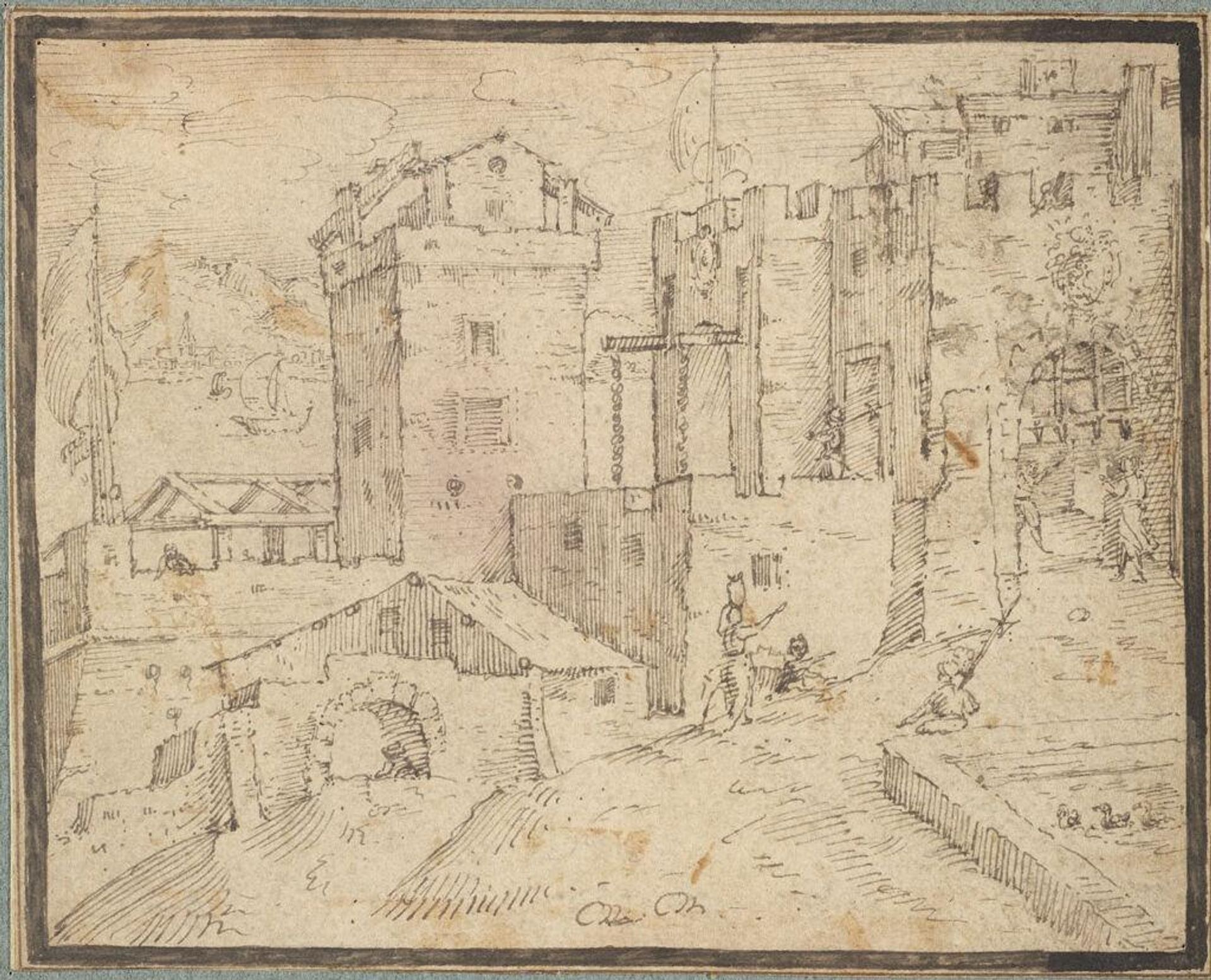 Entrance to an Italian Town with Harbor in Left Background by ? Mathys Cock