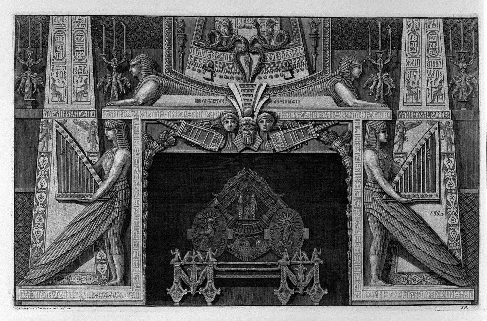 Egyptian-style fireplace surmounted by two sphinxes and flanked by two great figures of harpists, a rich interior wing by Giovanni Battista Piranesi
