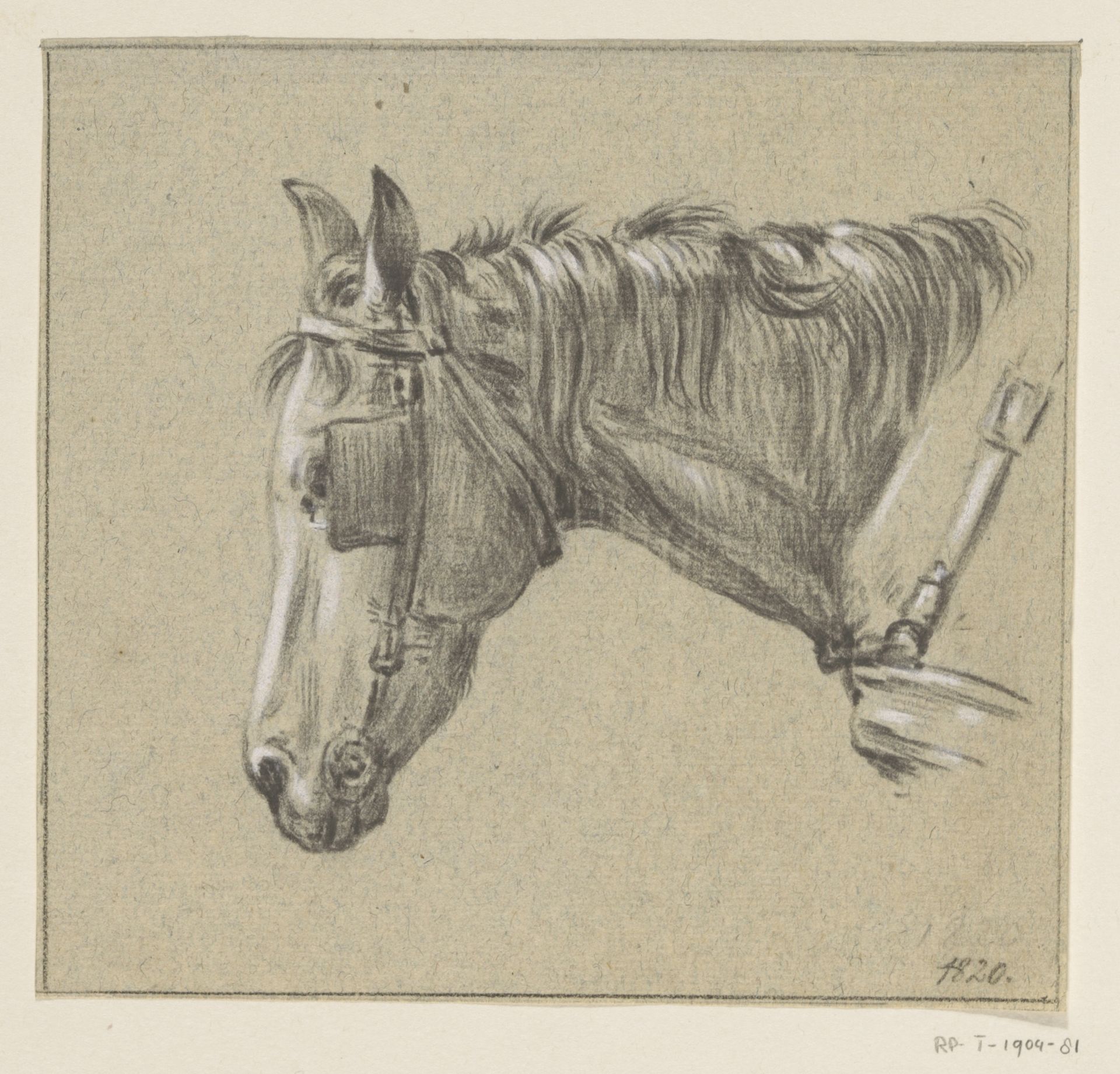 Hoofd van een paard met oogkleppen op, naar links by Jean Bernard