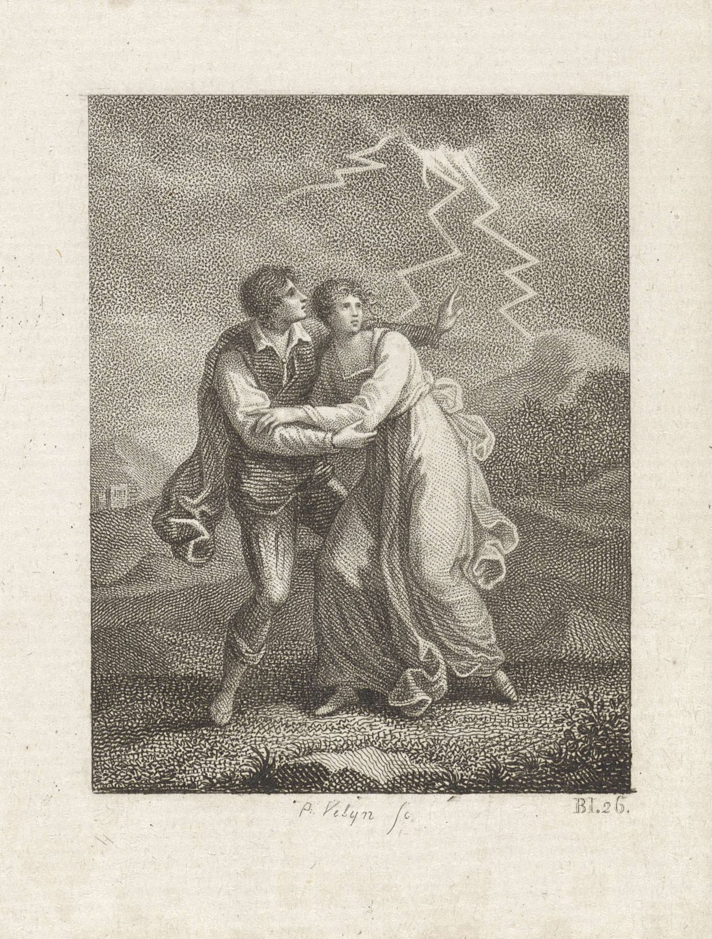 Paar in een landschap bij bliksem by Philippus Velijn