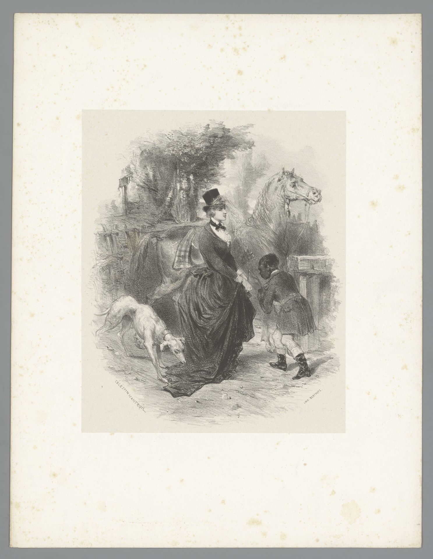 Vrouw met paard, hond en bediende by Célestin Nanteuil