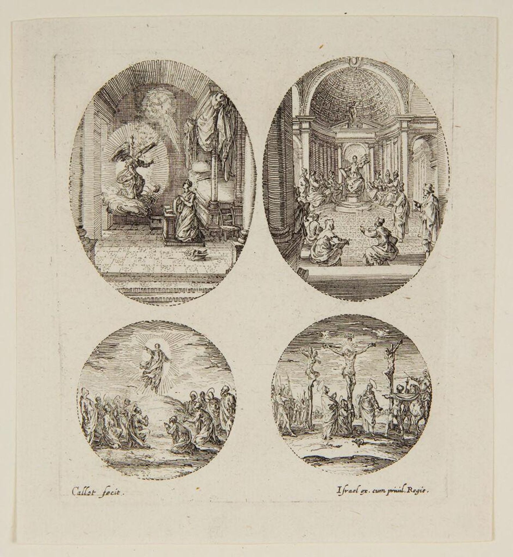 The Angel Visiting Mary in Her Bedroom; An Angel; Angel Gabriel Speaking to All Angels; Christ on the Cross, Surrounded by Angels and the Two Thieves by Jacques Callot