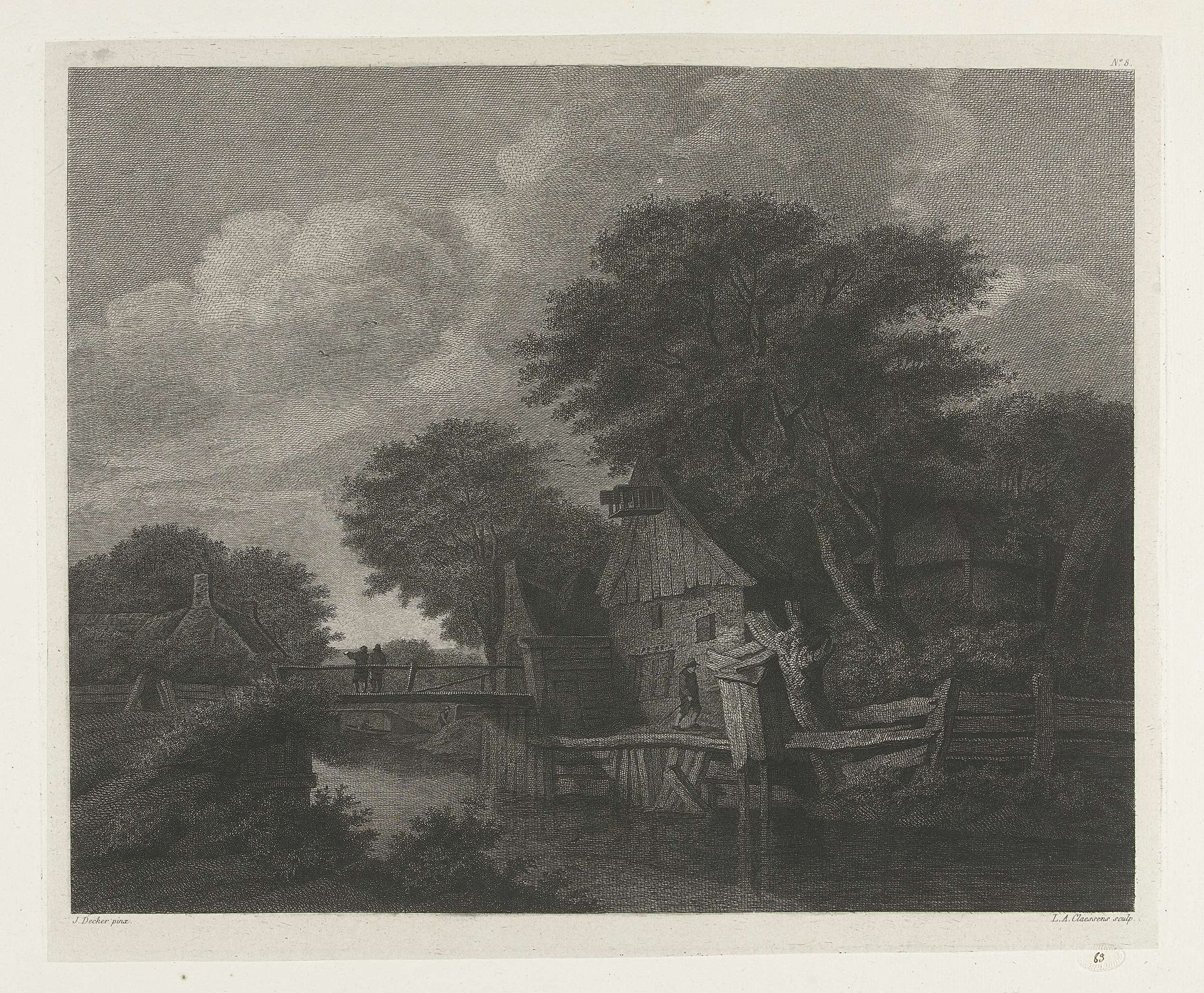 Dorpsgezicht met houten huizen bij een rivier by Lambertus Antonius Claessens