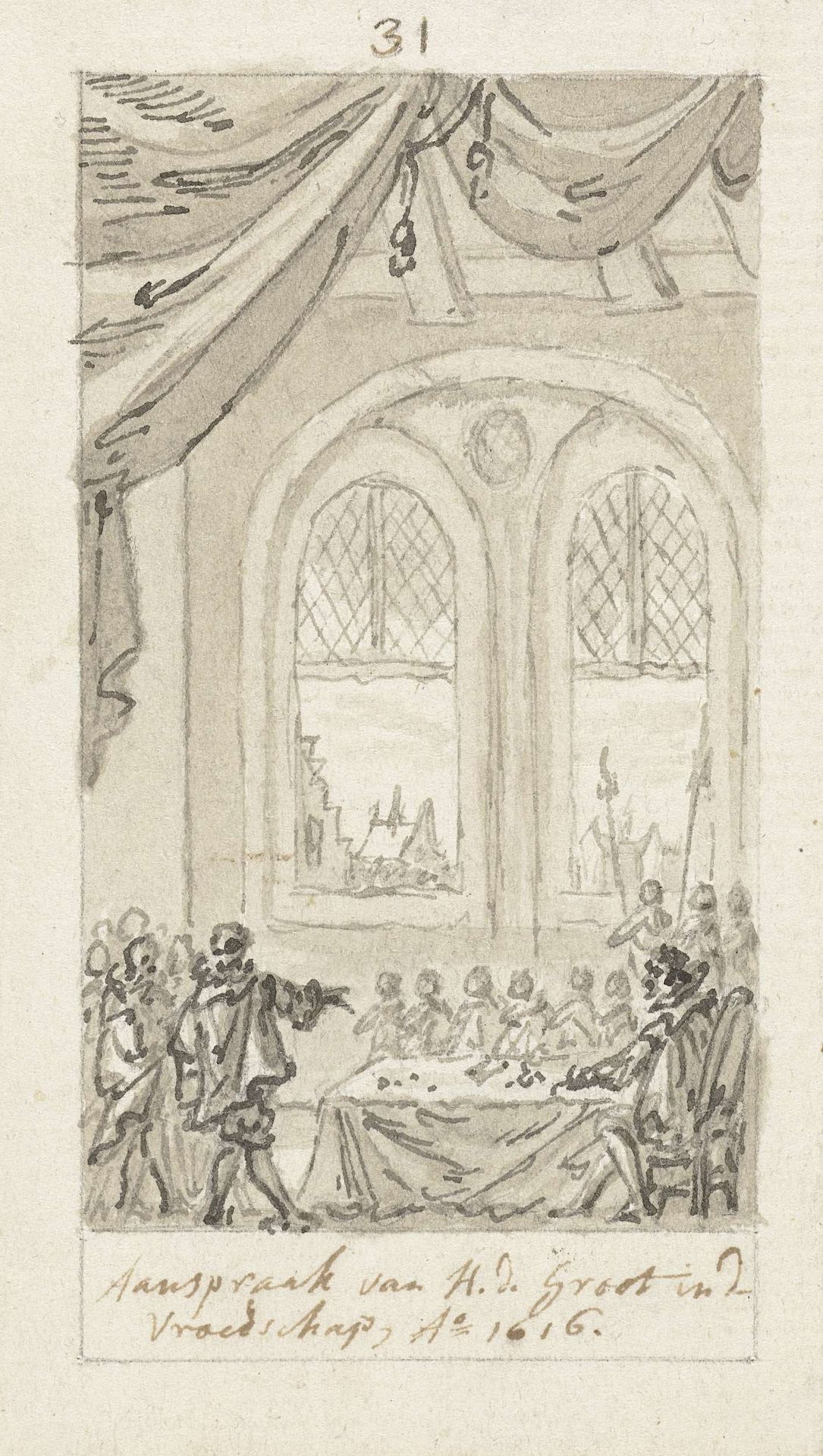 Hugo de Groot pleit in de Amsterdamse vroedschap voor tolerantie, 1616 by Simon Fokke