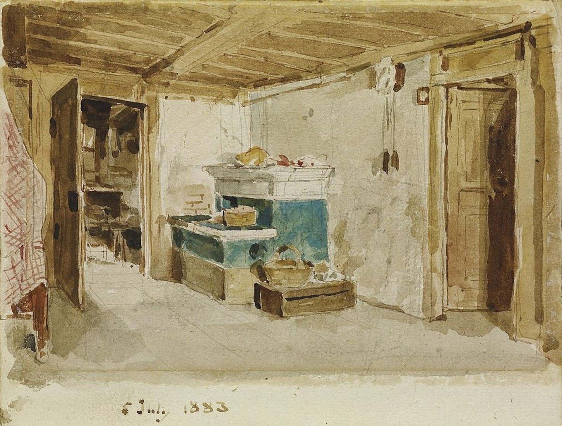 Farmhouse parlor with a green oven by Albrecht Anker