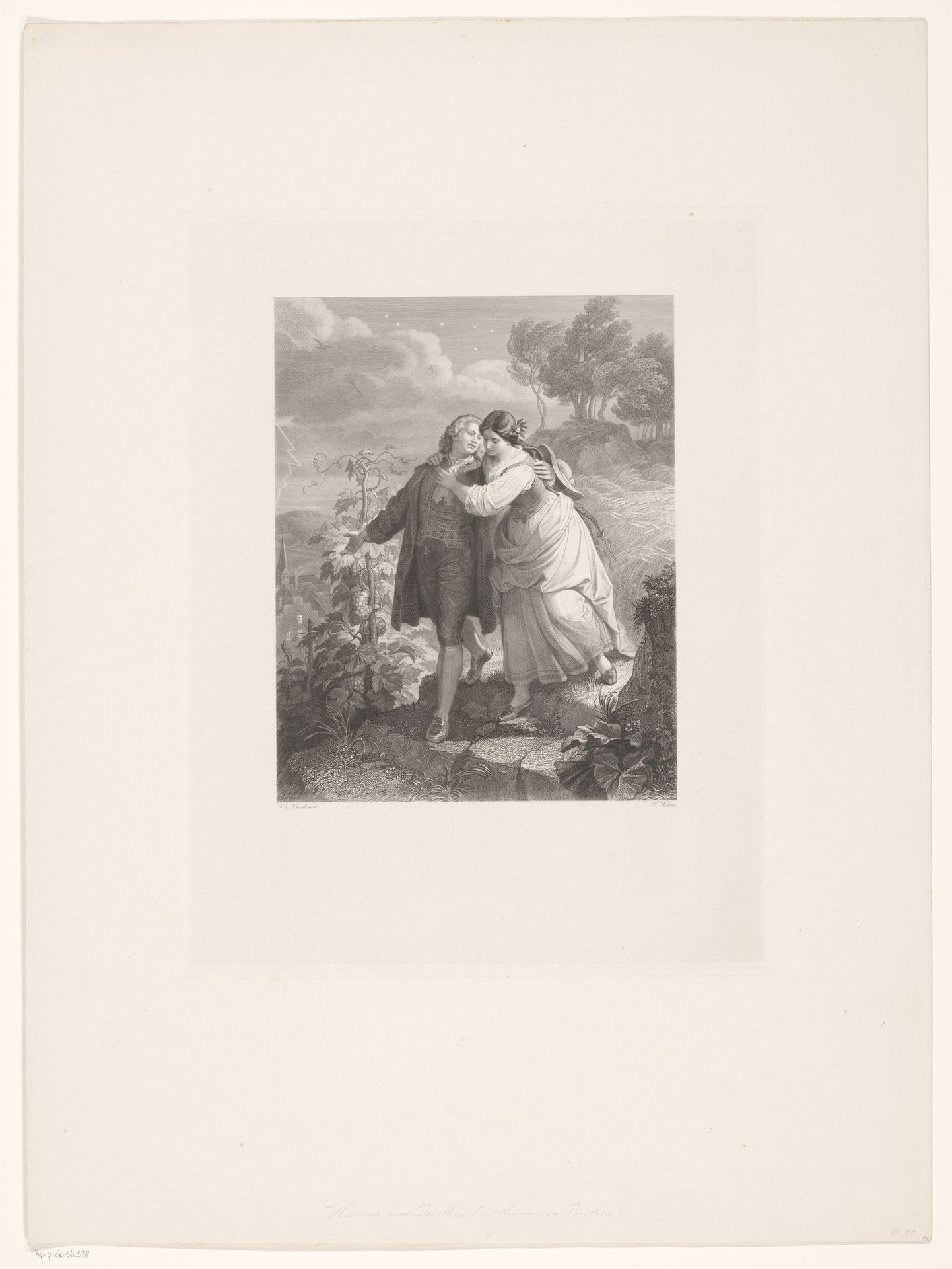 Hermann en Dorothea maken een wandeling bij nacht by Friedrich Weber