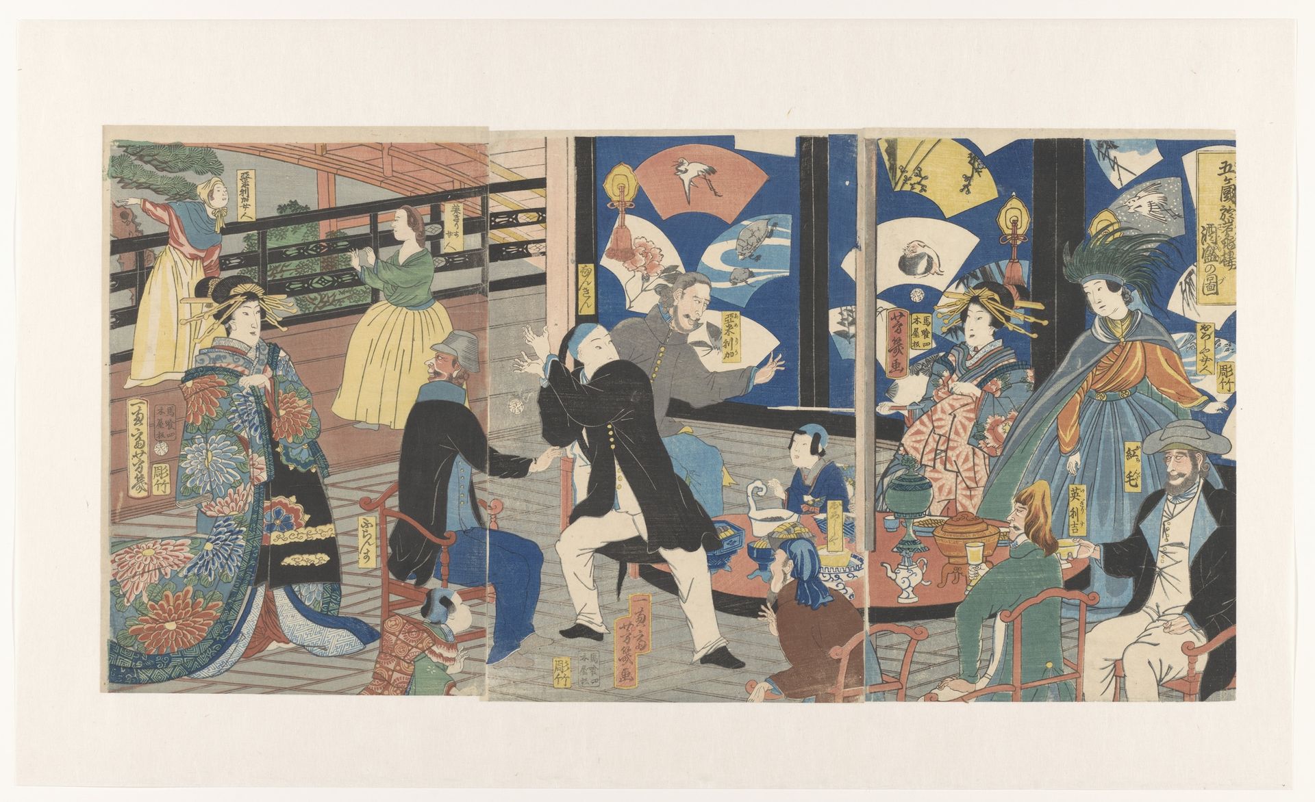 Buitenlanders tijdens een drinkgelag in het Gankiro theehuis by Utagawa Yoshiiku