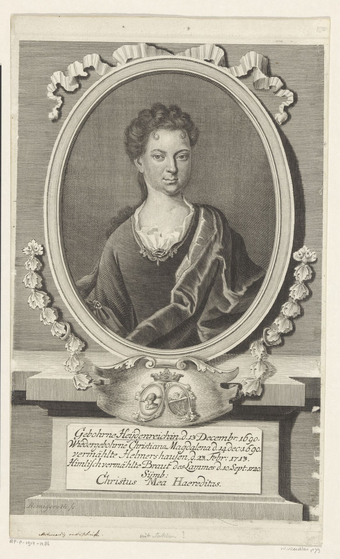 Portret van Christiana Magdalena Helmershausen by Martin Bernigeroth