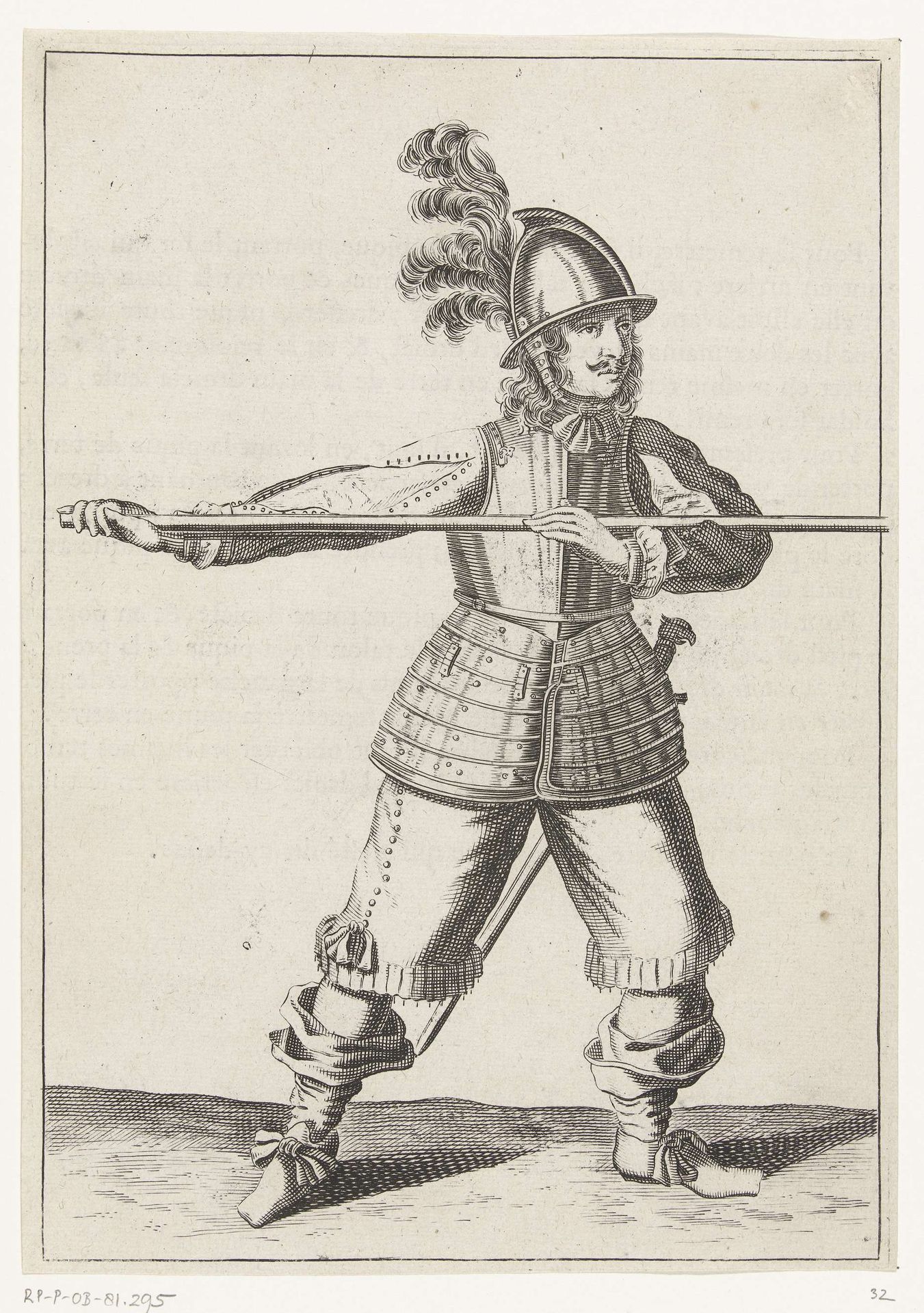 Soldaat die zijn spies met beide handen horizontaal op schouderhoogte draagt, zijn rechterhand bij de voet van het wapen, ca. 1645 by Petrus Rucholle