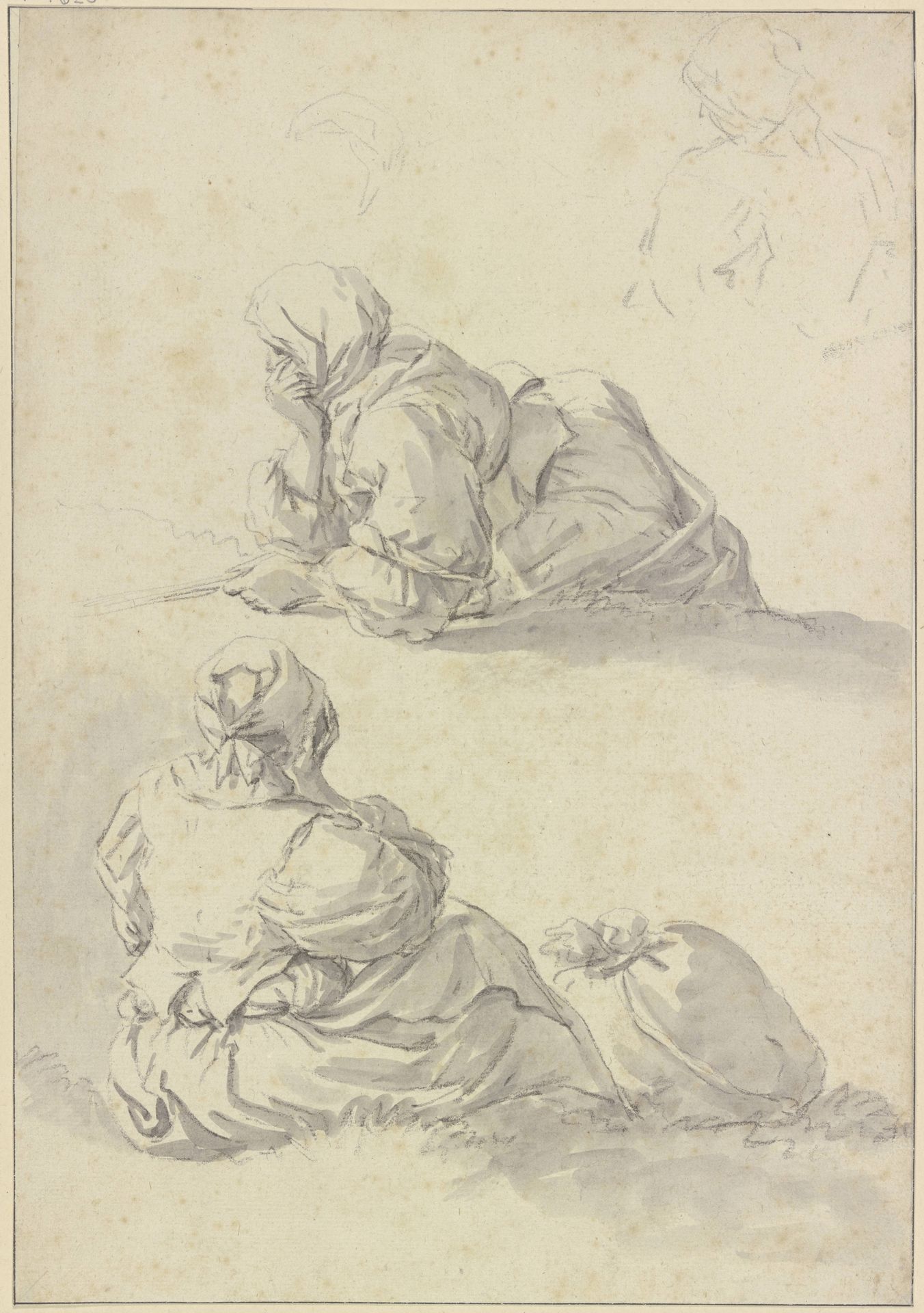 Eine aufgestützt liegende sowie eine bei einem Sack sitzende Frau by Johann Heinrich Roos