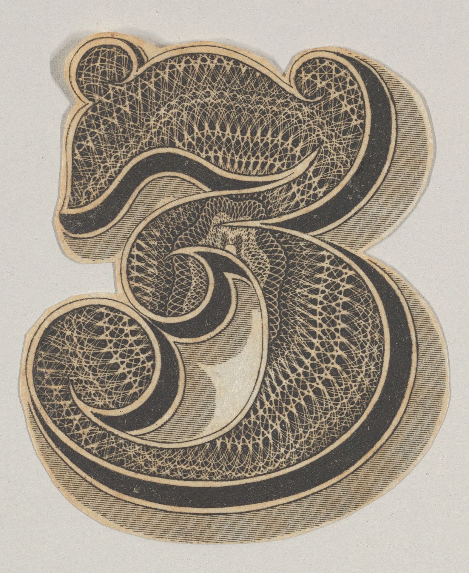 Banknote motif: the number 3, its interior composed of lathe work edged with a band of black by Cyrus Durand