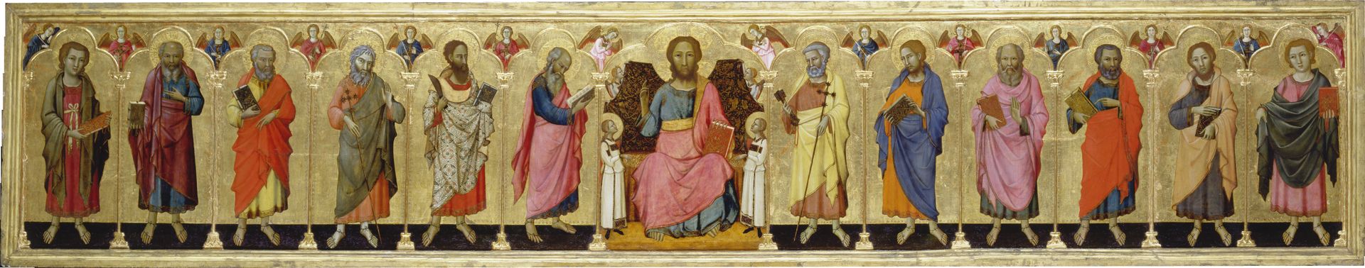 Altar retable painted on both sides with Christ Enthroned, the Twelve Apostles and Madonna and Child Enthroned with Saints by Meo da Siena
