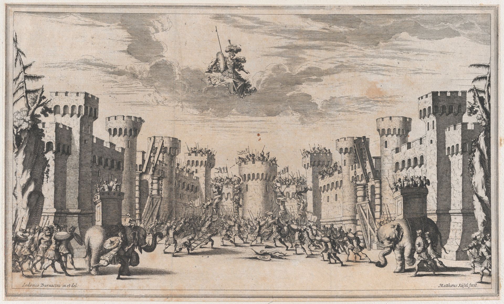 A city under siege with elephants and soldiers throughout; Mars looking down from above; set design from 'Il Pomo D'Oro' by Mathäus Küsel