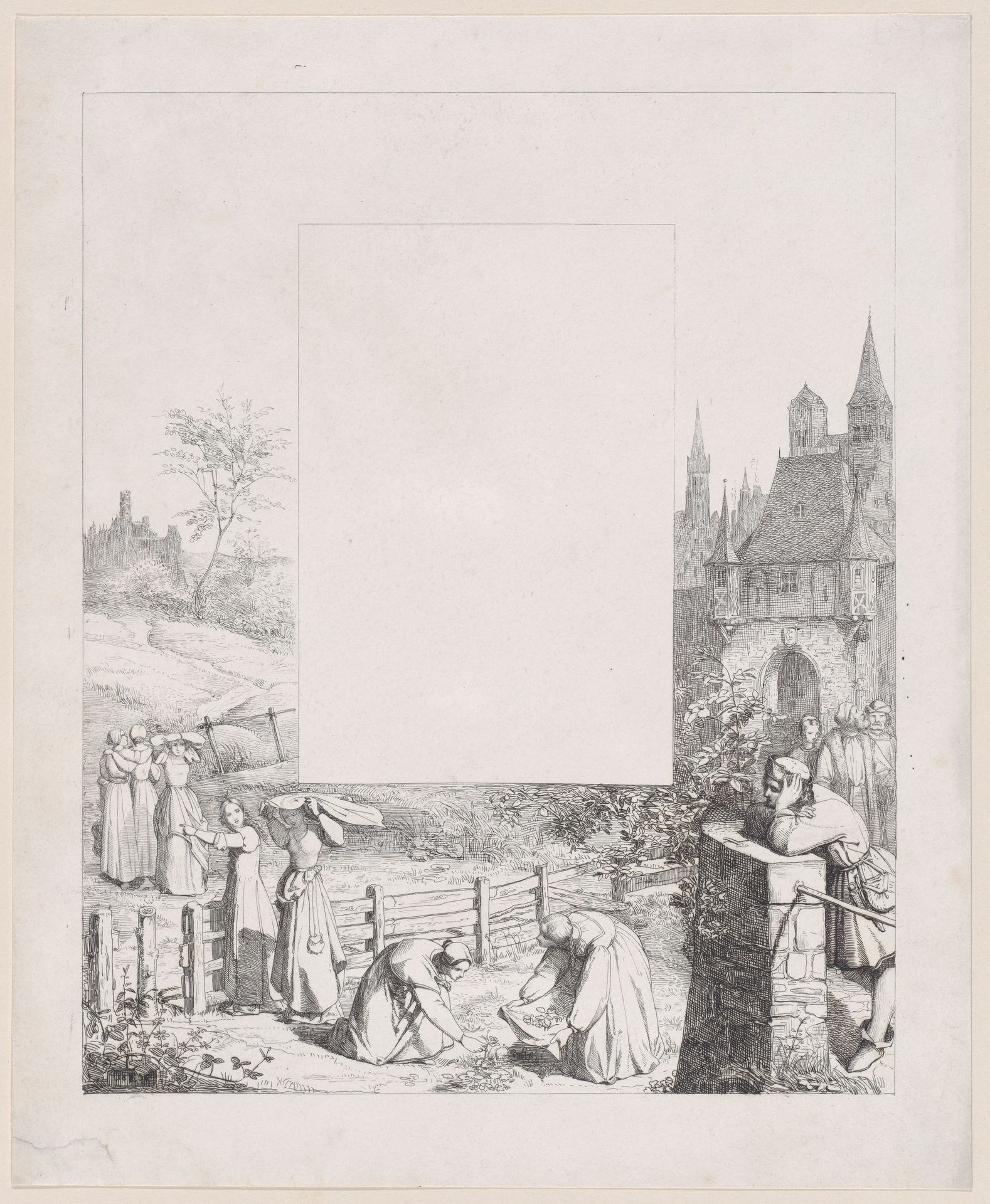 Plate 5: women collecting plants and carrying them over their heads, a male onlooker at right and a castle at right in the background, from "Lieder eines Malers mit Randzeichnungen seiner Freunde" by Eduard Julius Friedrich Bendemann