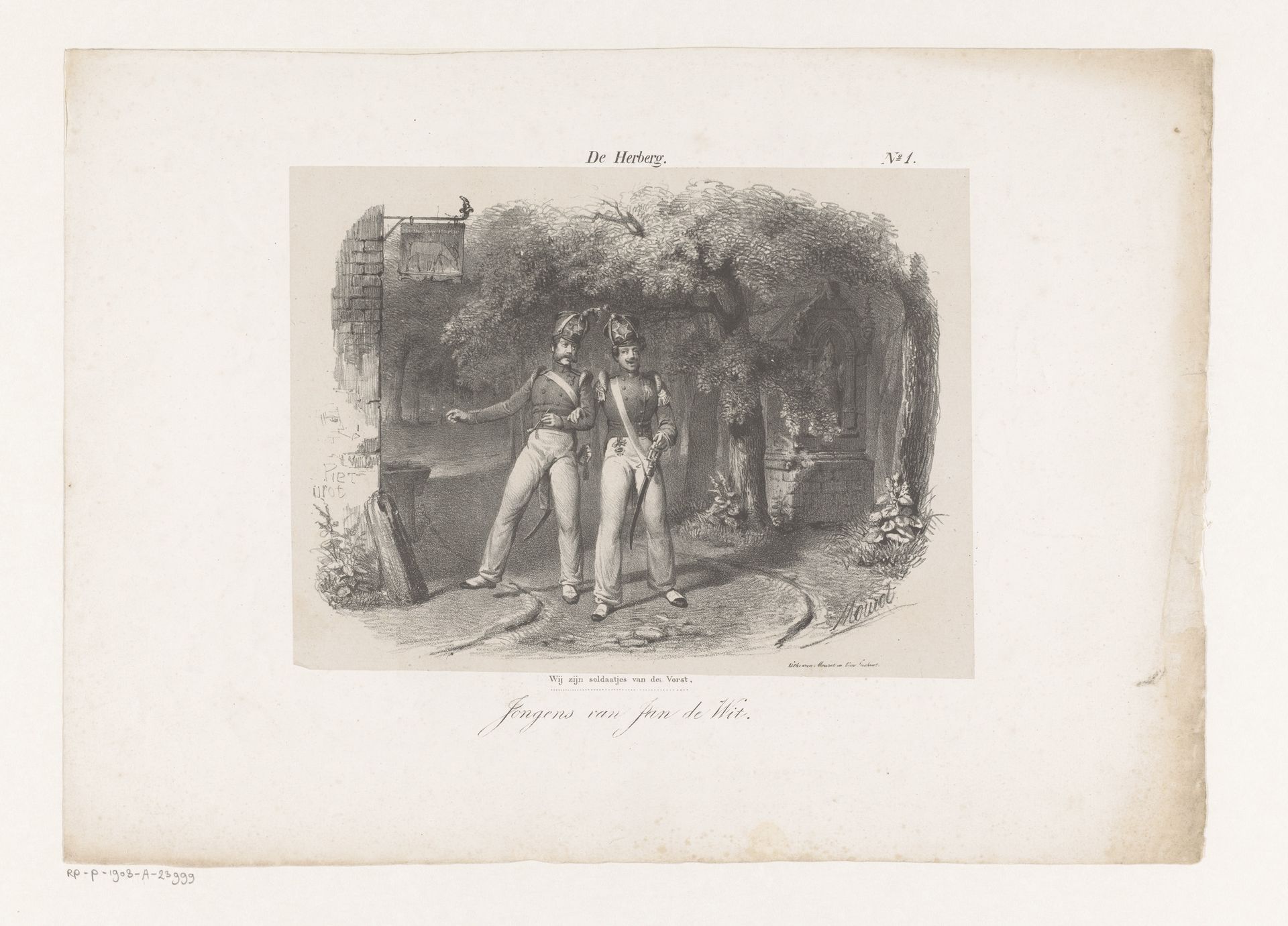 Twee soldaten voor een herberg by Michel Mourot