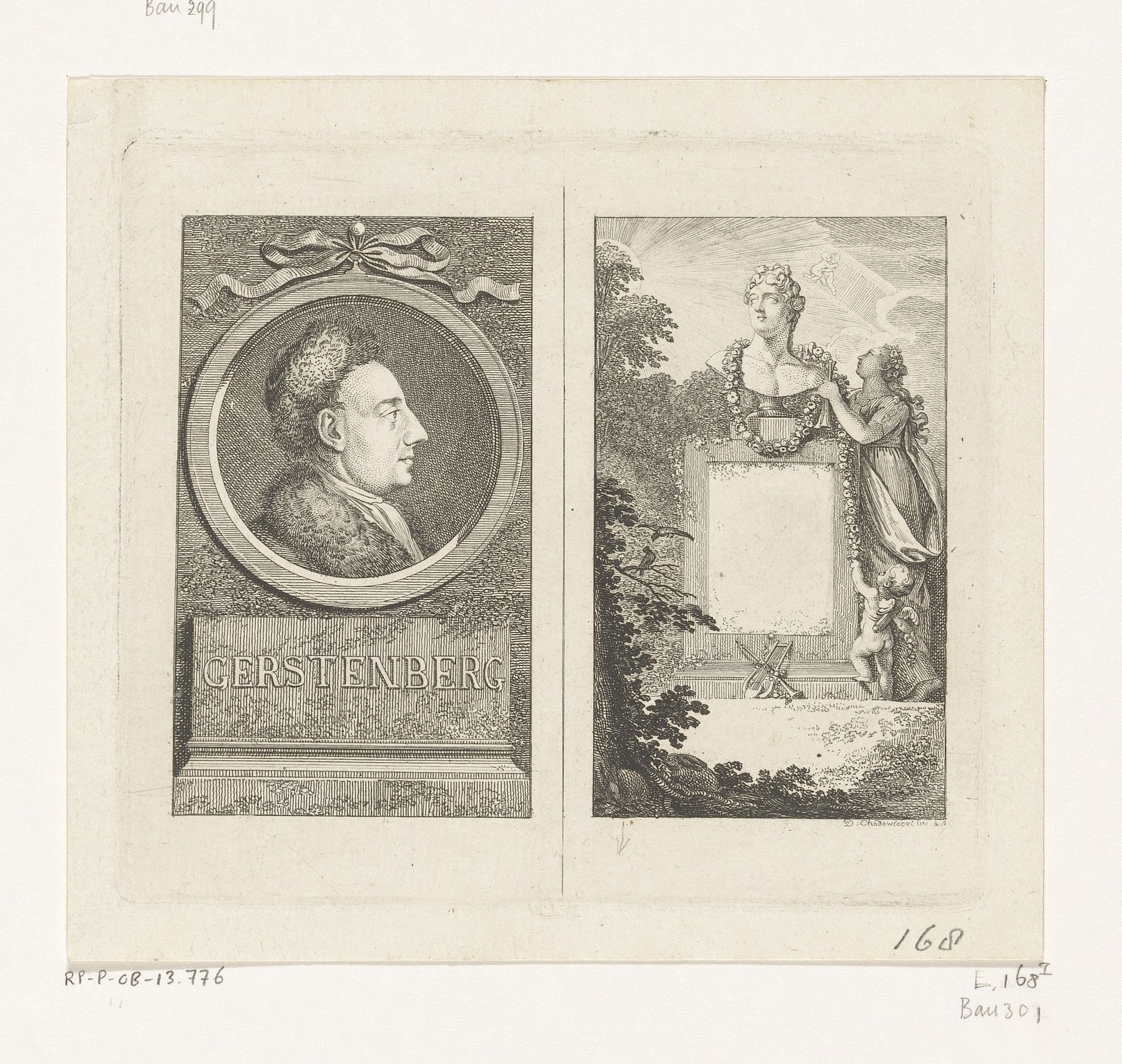 Portret van Heinrich Wilhelm von Gerstenberg en een buste van Apollo by Daniel Nikolaus Chodowiecki