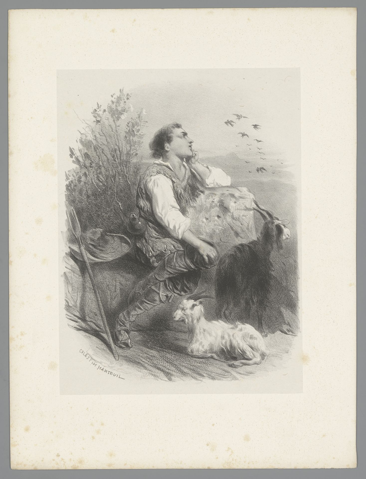 Zittende herder naast twee geiten by Célestin Nanteuil