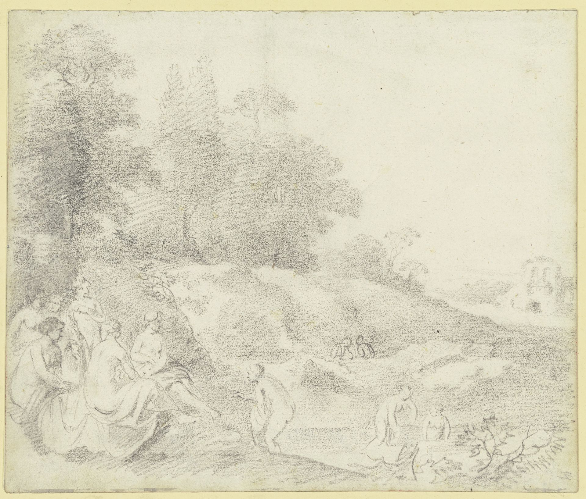 Gruppe von zehn badenden und am Ufer lagernden Mädchen an einem Waldrand by Johann Christian Klengel