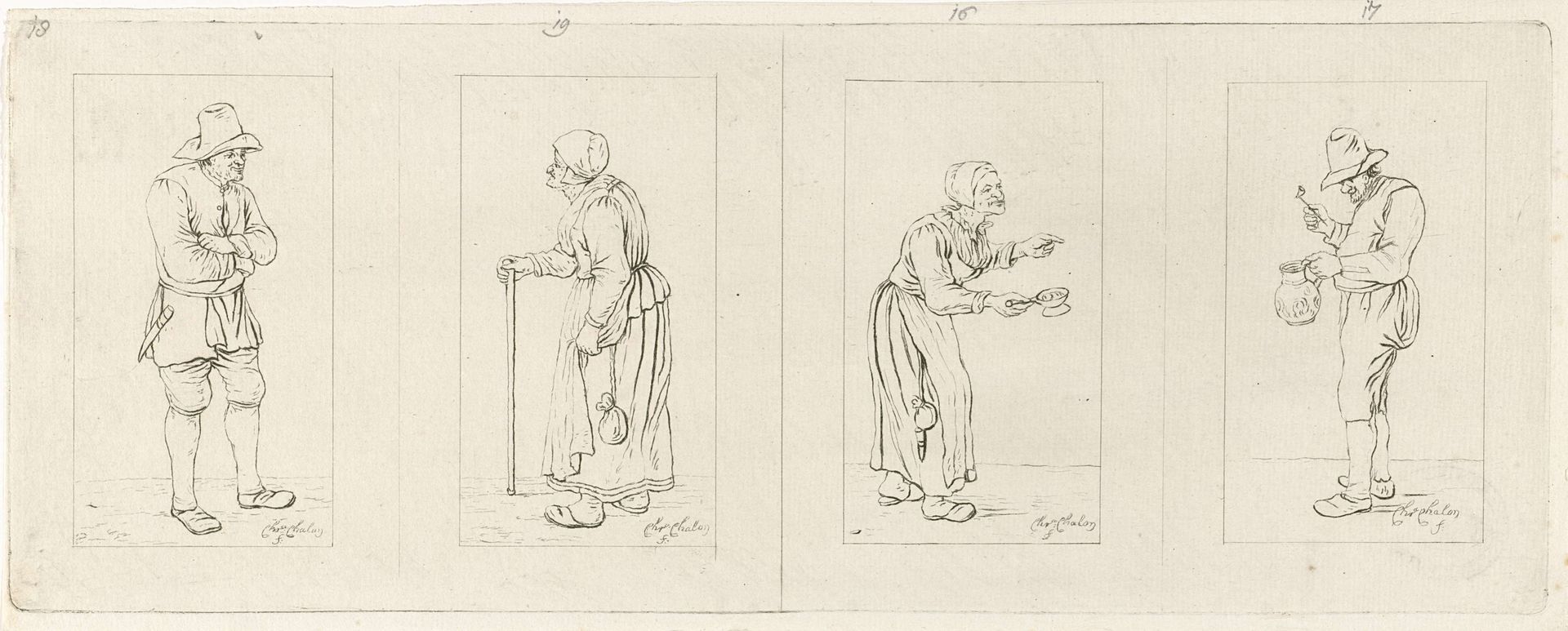 Vier voorstellingen van een staande figuur by Pieter de Mare