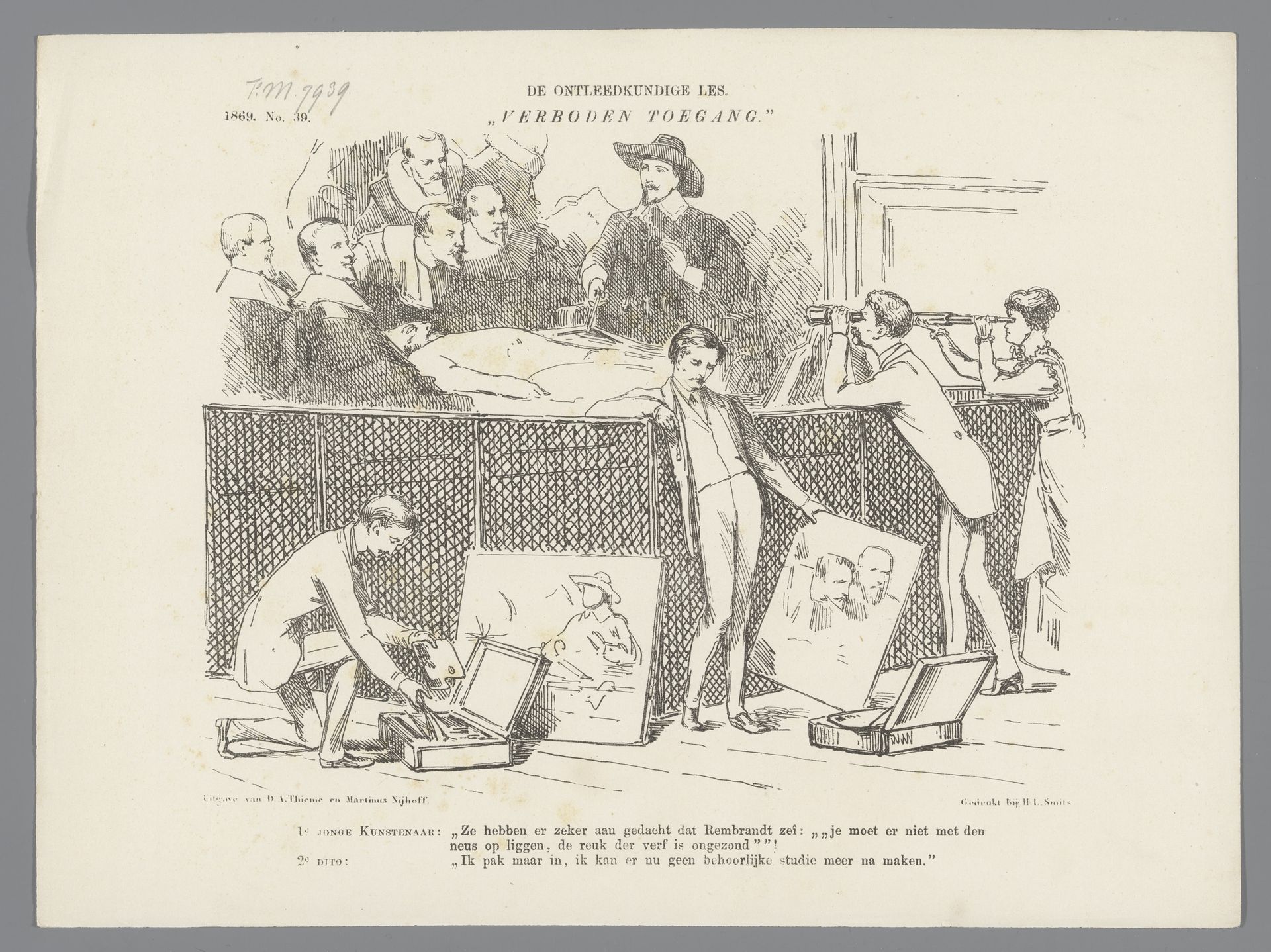 Spotprent op de omheining om Rembrandts anatomische les van Dr. Nicolaes Tulp, 1869 by Johan Michaël Schmidt Crans