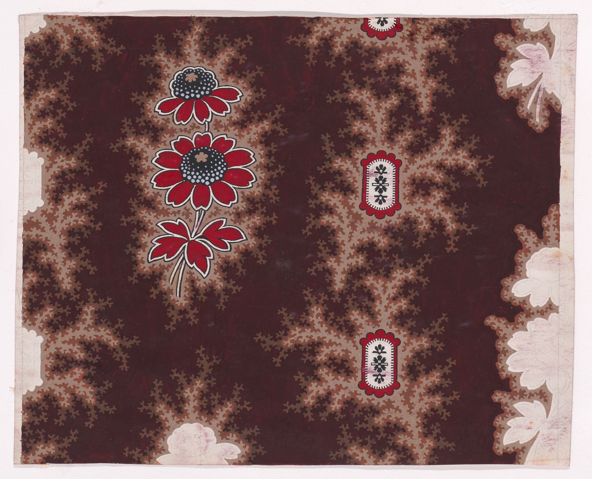 Textile Design with Alternating Vertical Rows of Stylized Flowers with Stems and Leaves with Offsetting Branches Separated by Ornamental Frames Containing Rosettes Flanked by Leaves and with Offsetting Branches by Anonymous