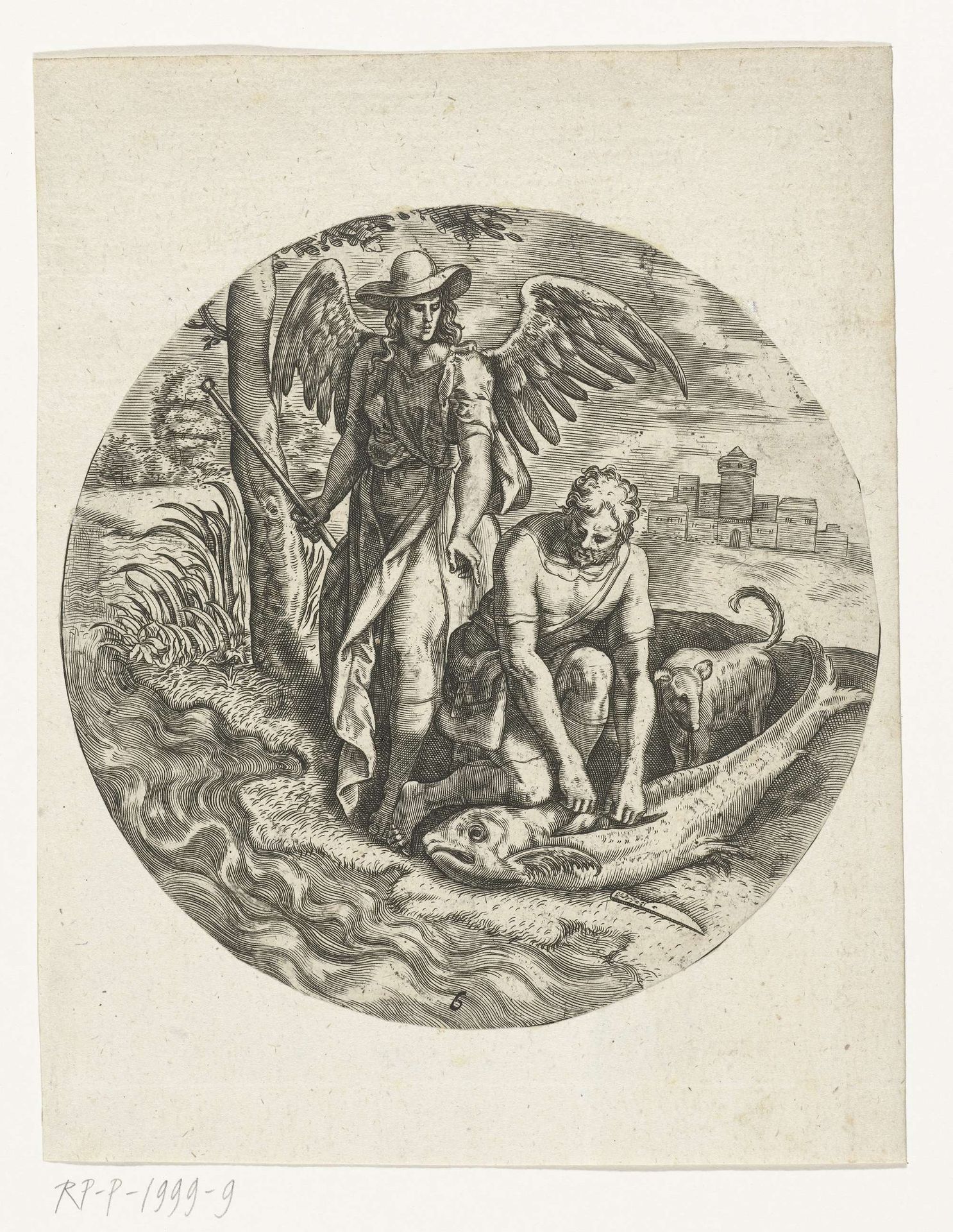 Op aanwijzing van de engel snijdt Tobias de vis in stukken by Anonymous