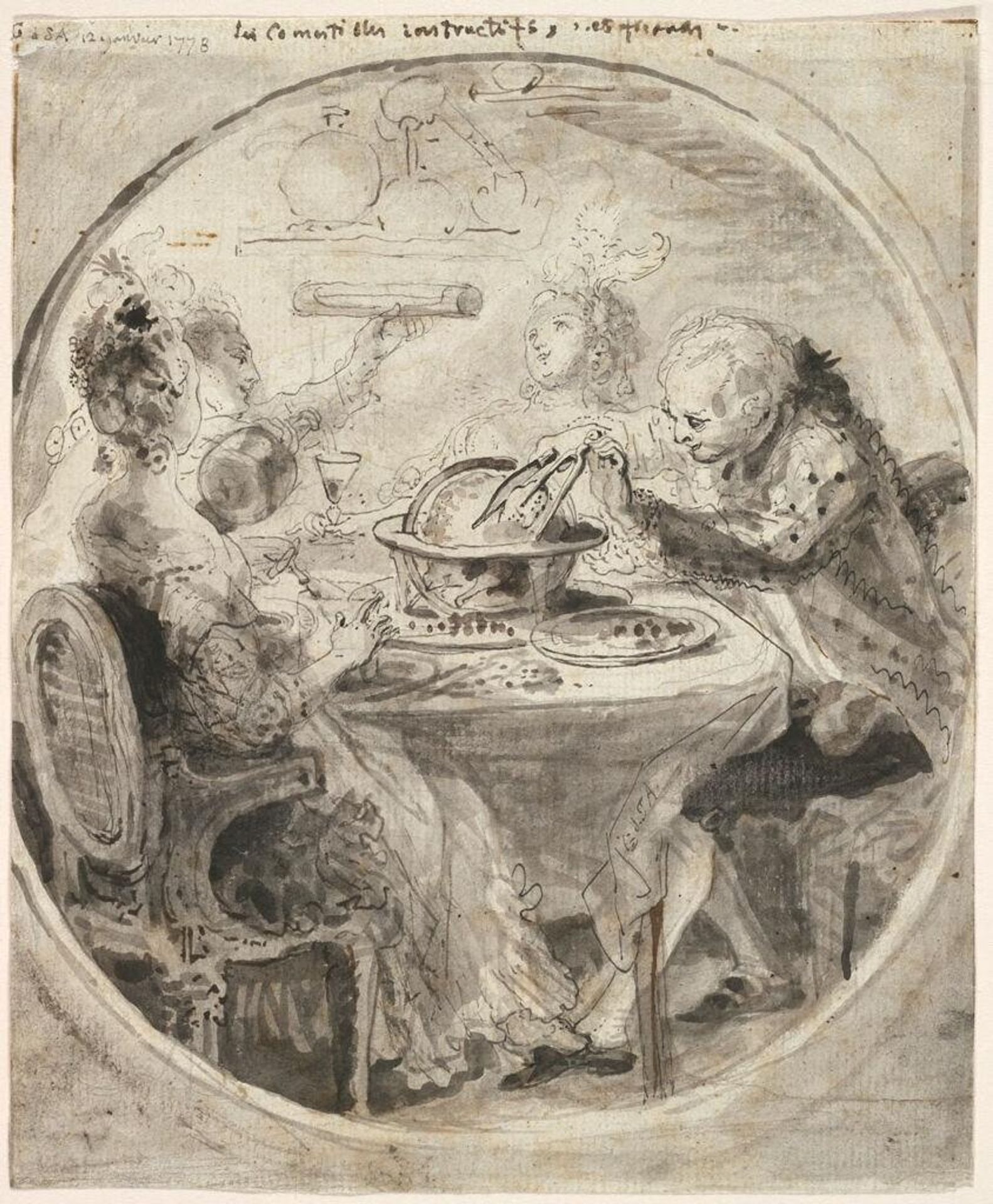 The Instructive and Appetizing Meal: Voltaire and Three Dinner Companions(?) by Gabriel Jacques de Saint-Aubin