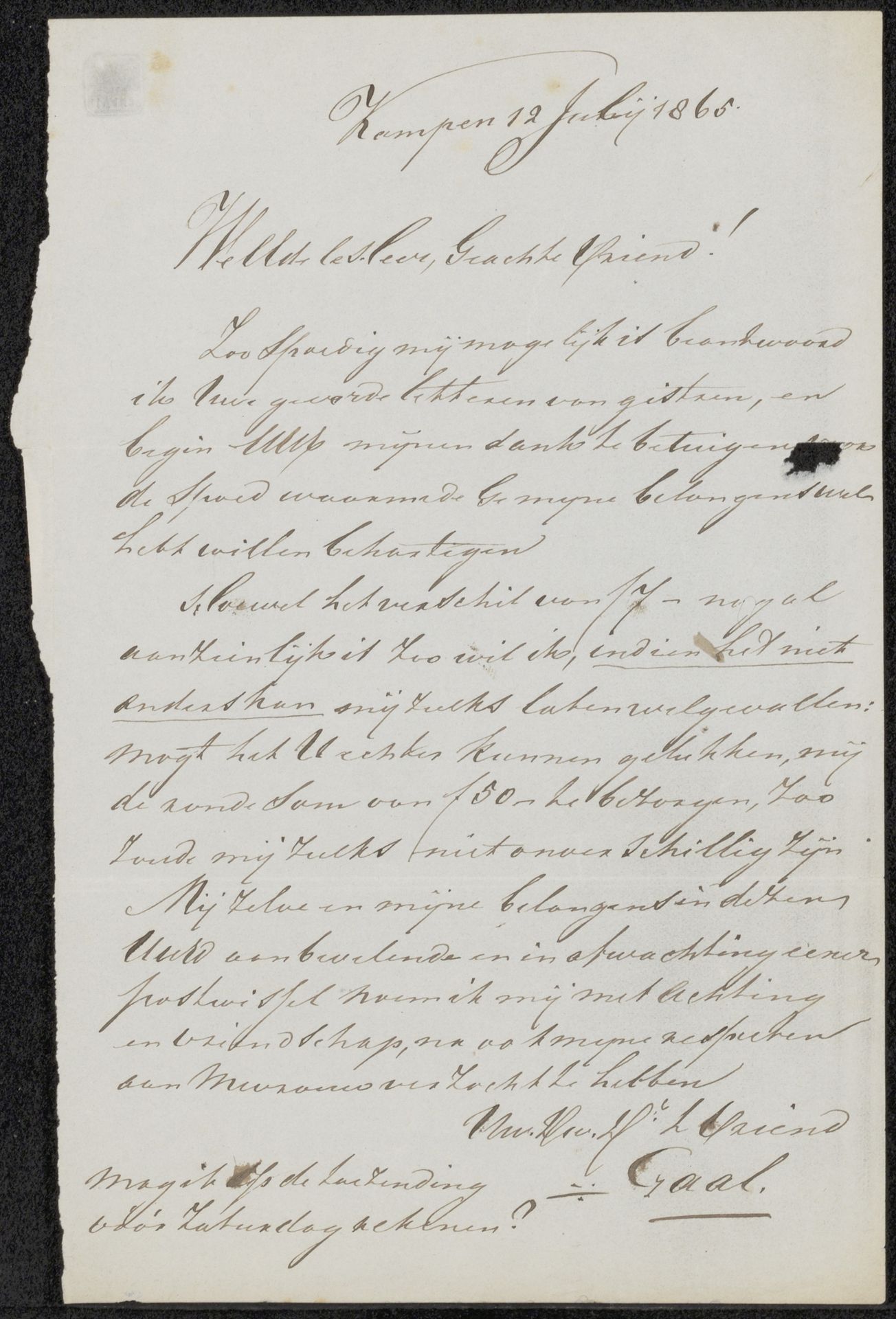 Brief aan anoniem by Jacobus Cornelis Gaal