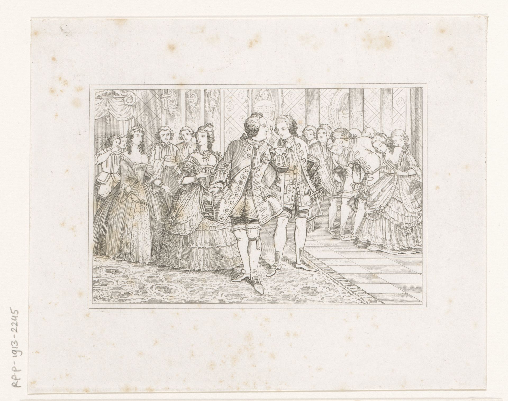 Gezelschap van welgestelde mannen en vrouwen in een rijkelijk interieur by Auguste Numans