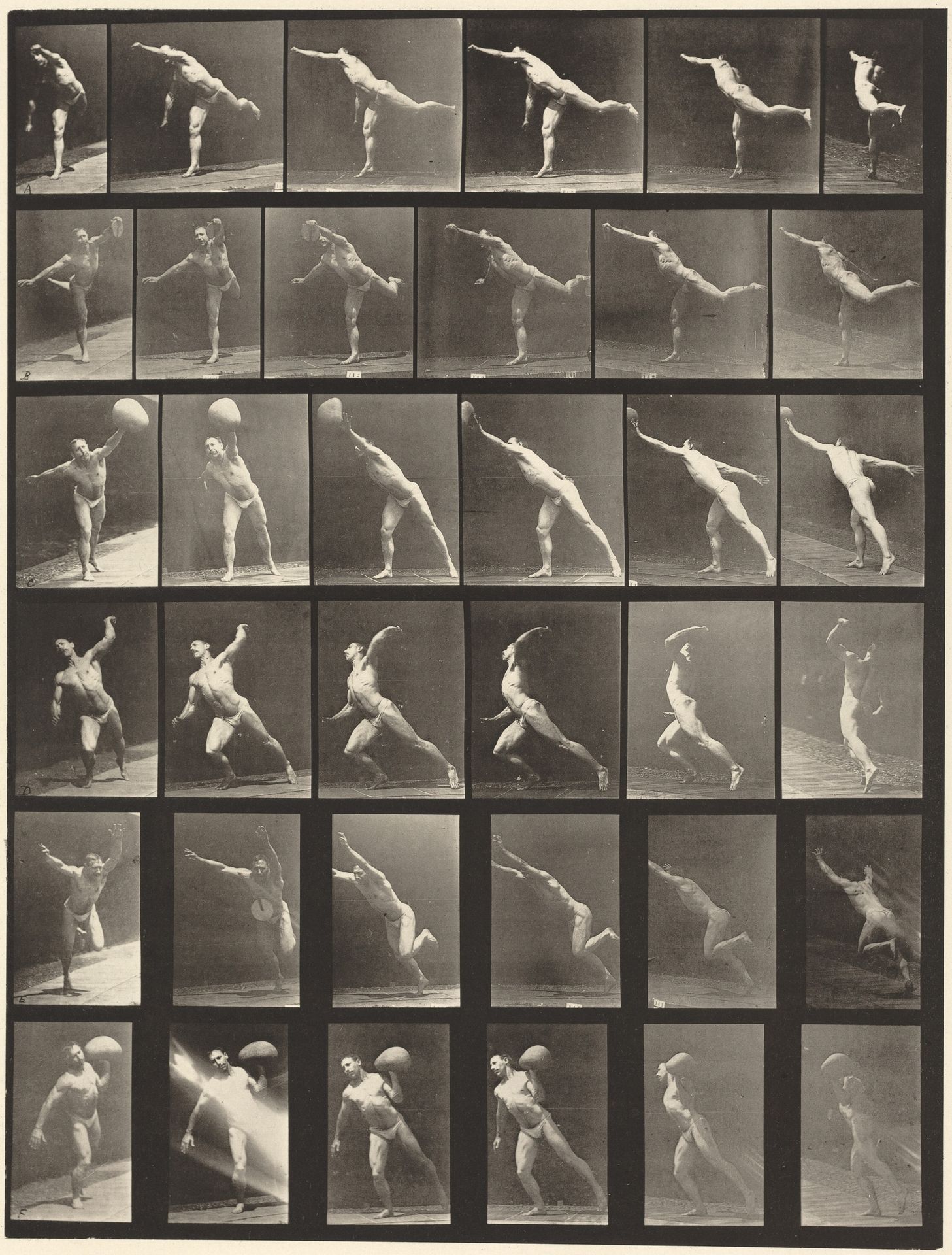Plate Number 523. A: Striking a blow. B, E: Throwing disk. C, F: Heaving a 75-lb. stone. D: Throwing a ball by Eadweard Muybridge