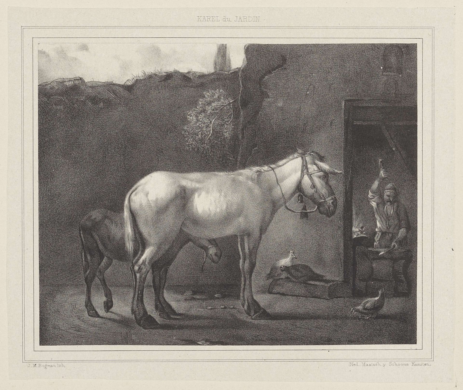 Ezel en veulen bij de hoefsmid by Johannes Mattheus Bogman