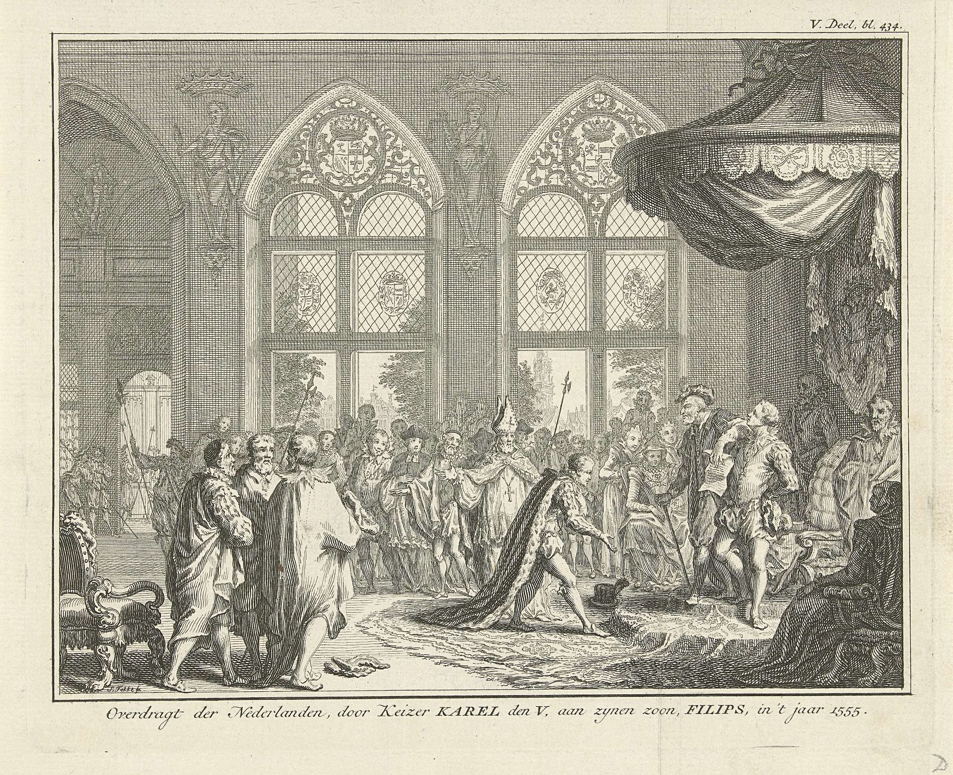 Karel V draagt de regering van Nederland over aan zijn zoon Filips II, 1555 by Simon Fokke