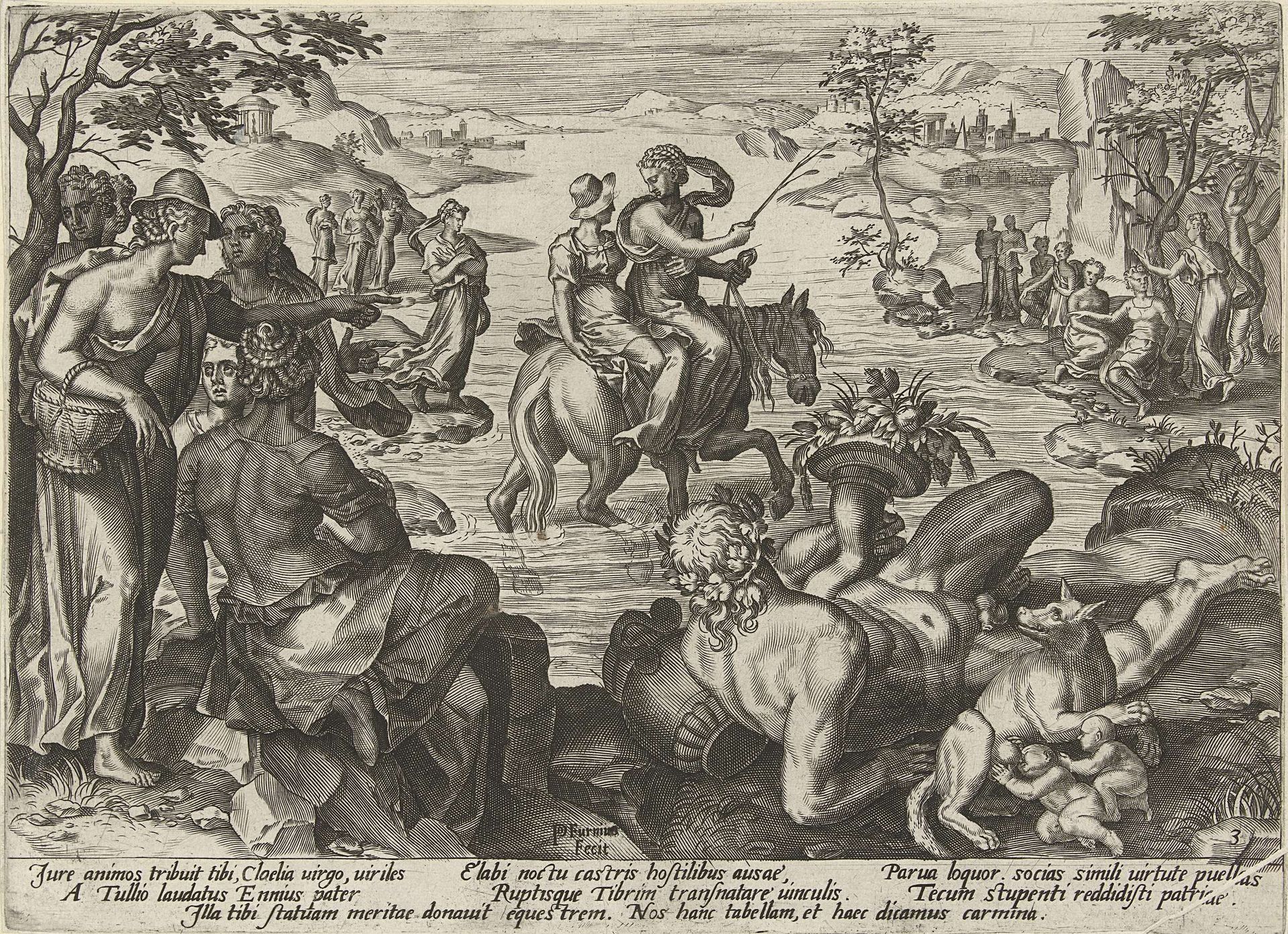 Cloelia steekt te paard de Tiber over by Pieter Jalhea Furnius