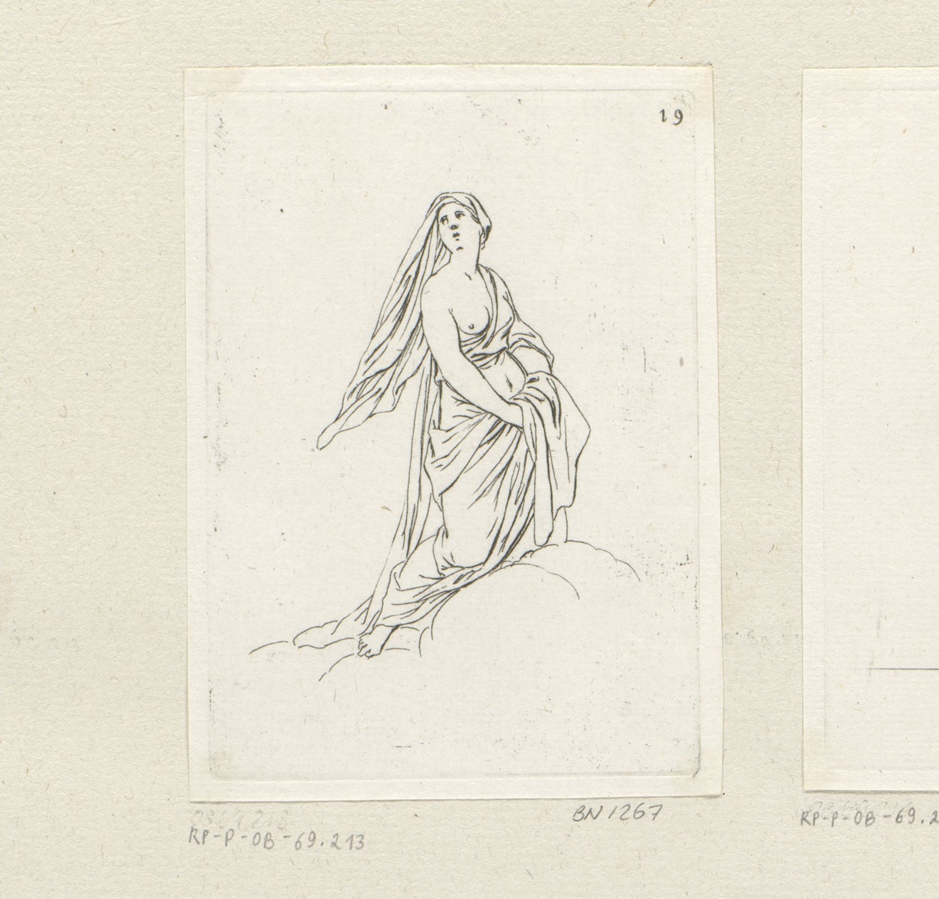 Geknielde vrouw met ontblote borst op wolk by Sébastien Leclerc I