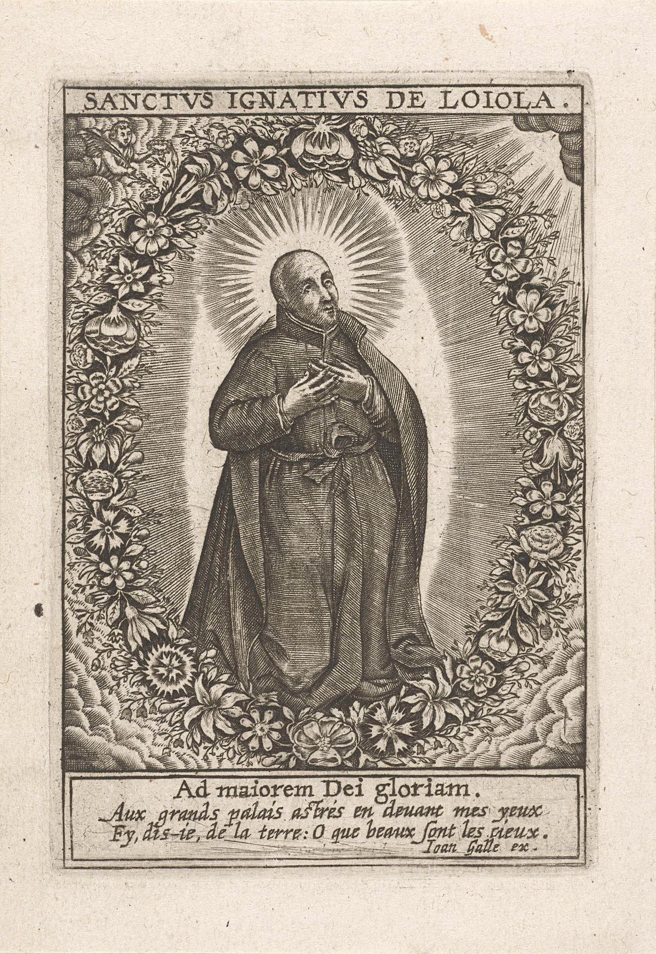 H. Ignatius van Loyola in een bloemenkrans by Joannes Galle