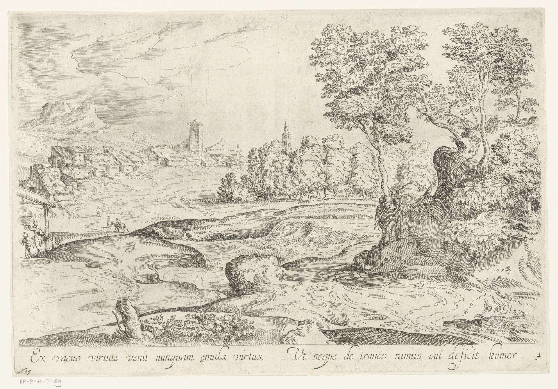 Rivierlandschap met dorp op achtergrond by Anonymous