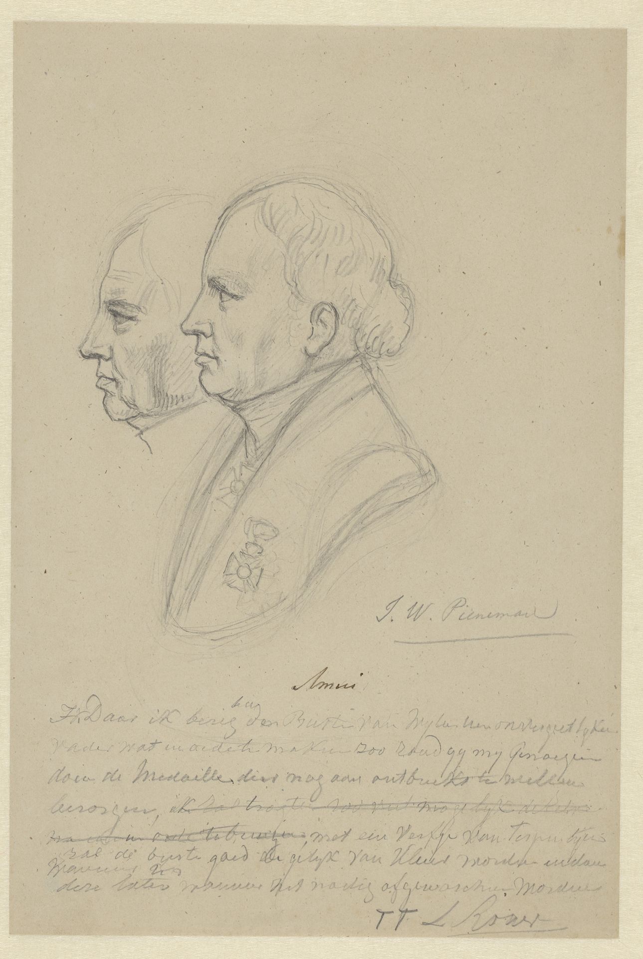 Twee profielschetsen van Jan Willem Pieneman, met een tekst van de tekenaar by Louis Royer