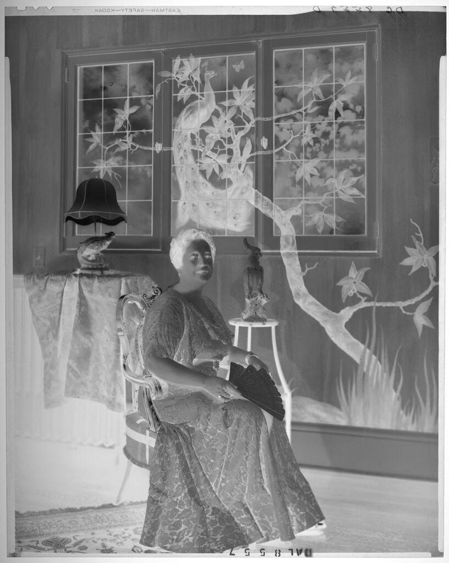 Untitled (woman in evening dress with fan seated in front of tree and peacock wall painting) by Paul Gittings