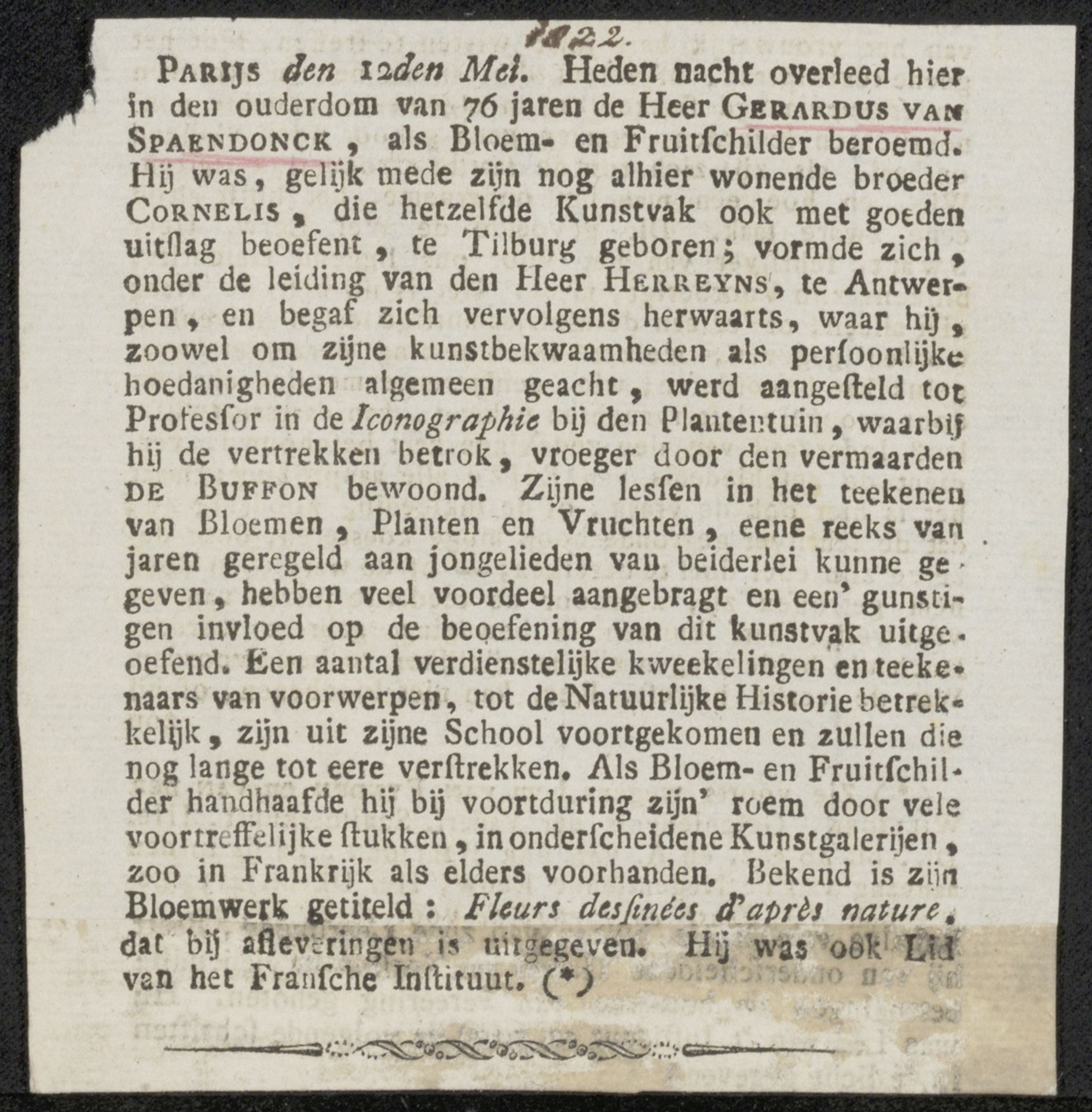 Krantenknipsel betreffende Gerard van Spaendonck by Anonymous