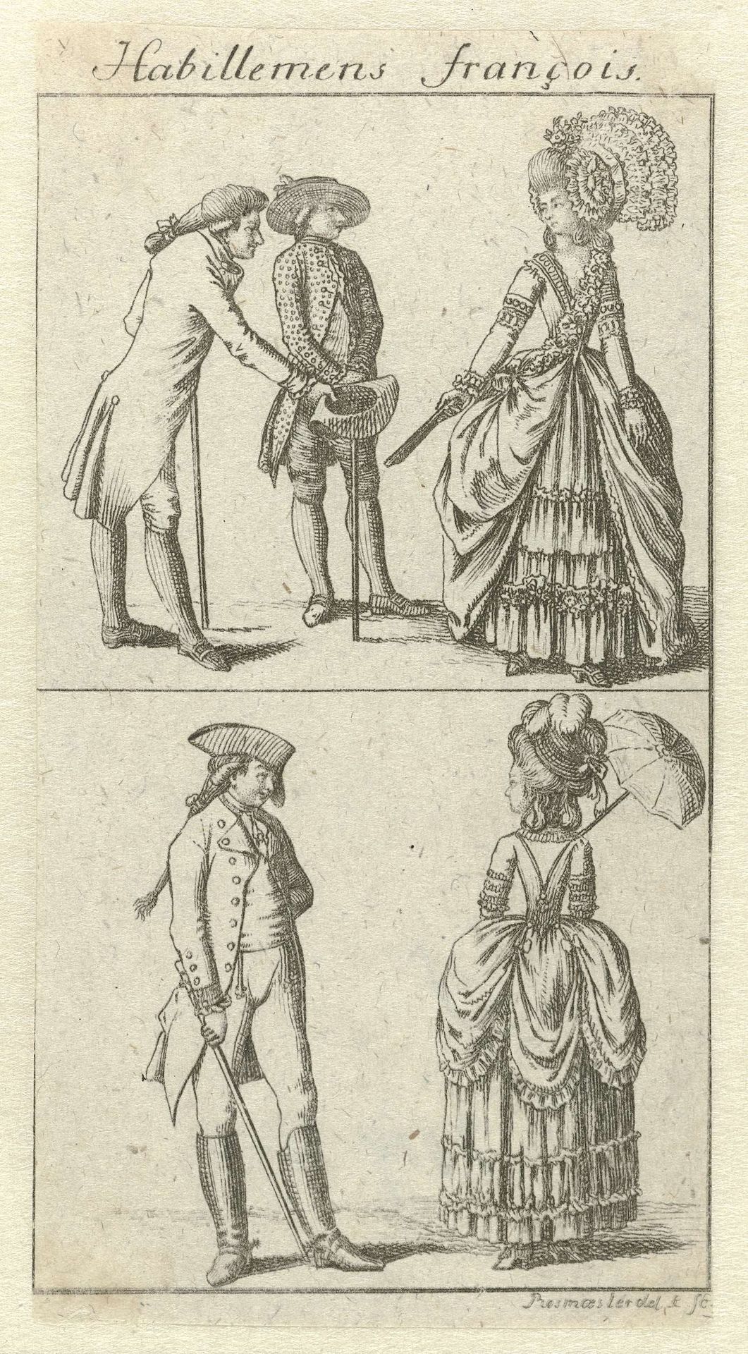 Habillemens François, ca. 1778-1780: Twee vrouwen en drie mannen met wandelstok by Rosmasler