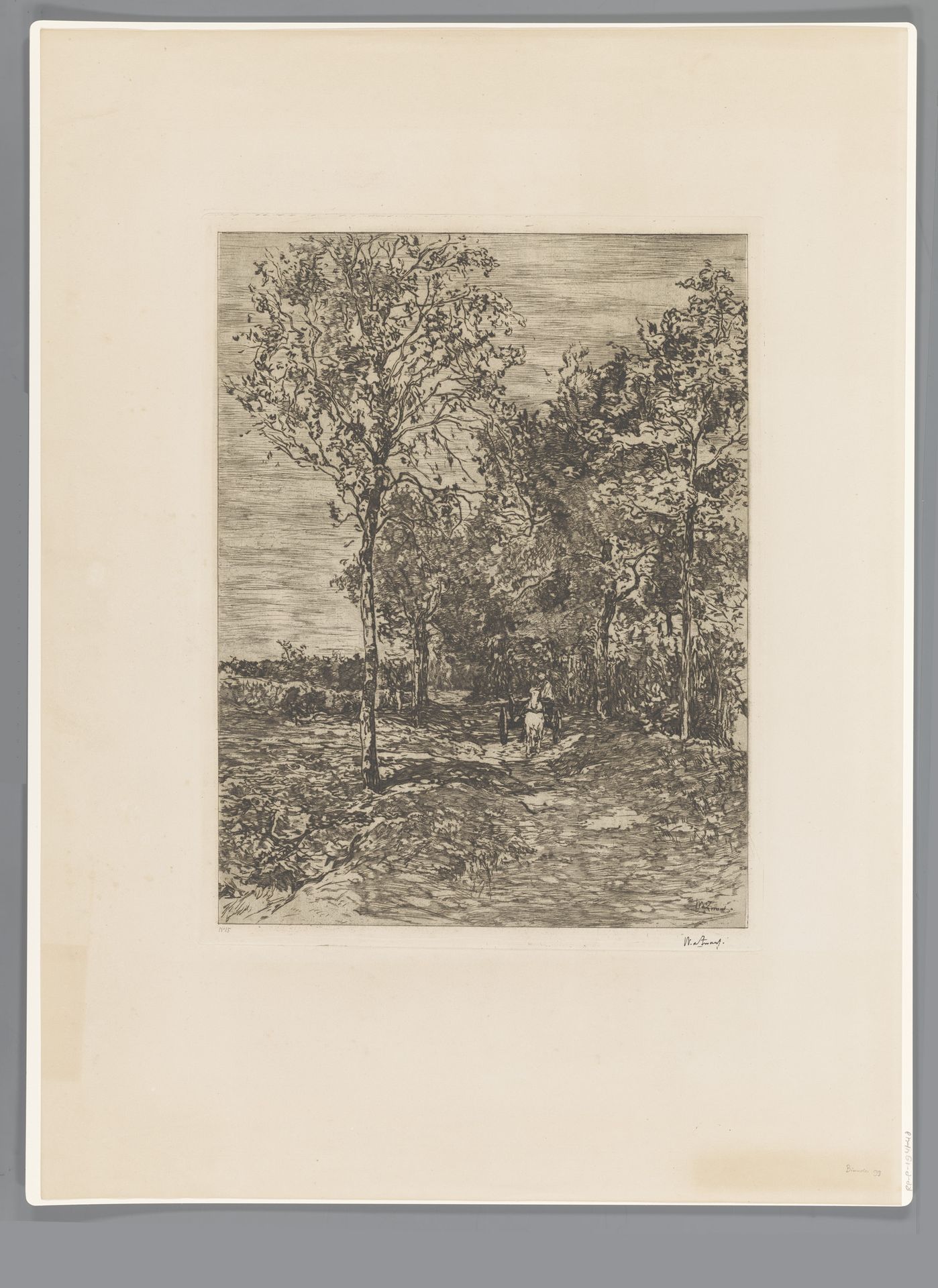 Kar met paard op een pad langs de bosrand by Willem de Zwart