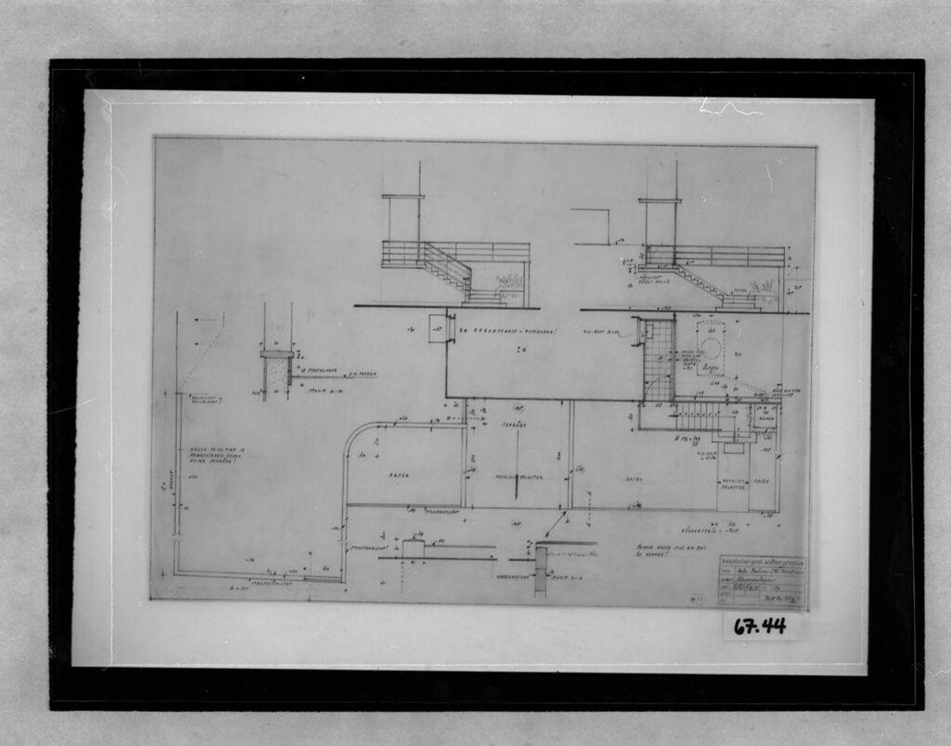 Bahner Residence, Berlin, Klein-Machnow, 1933: Terrace: plan, elevations, and sections, 1:50 by Hanns Dustmann